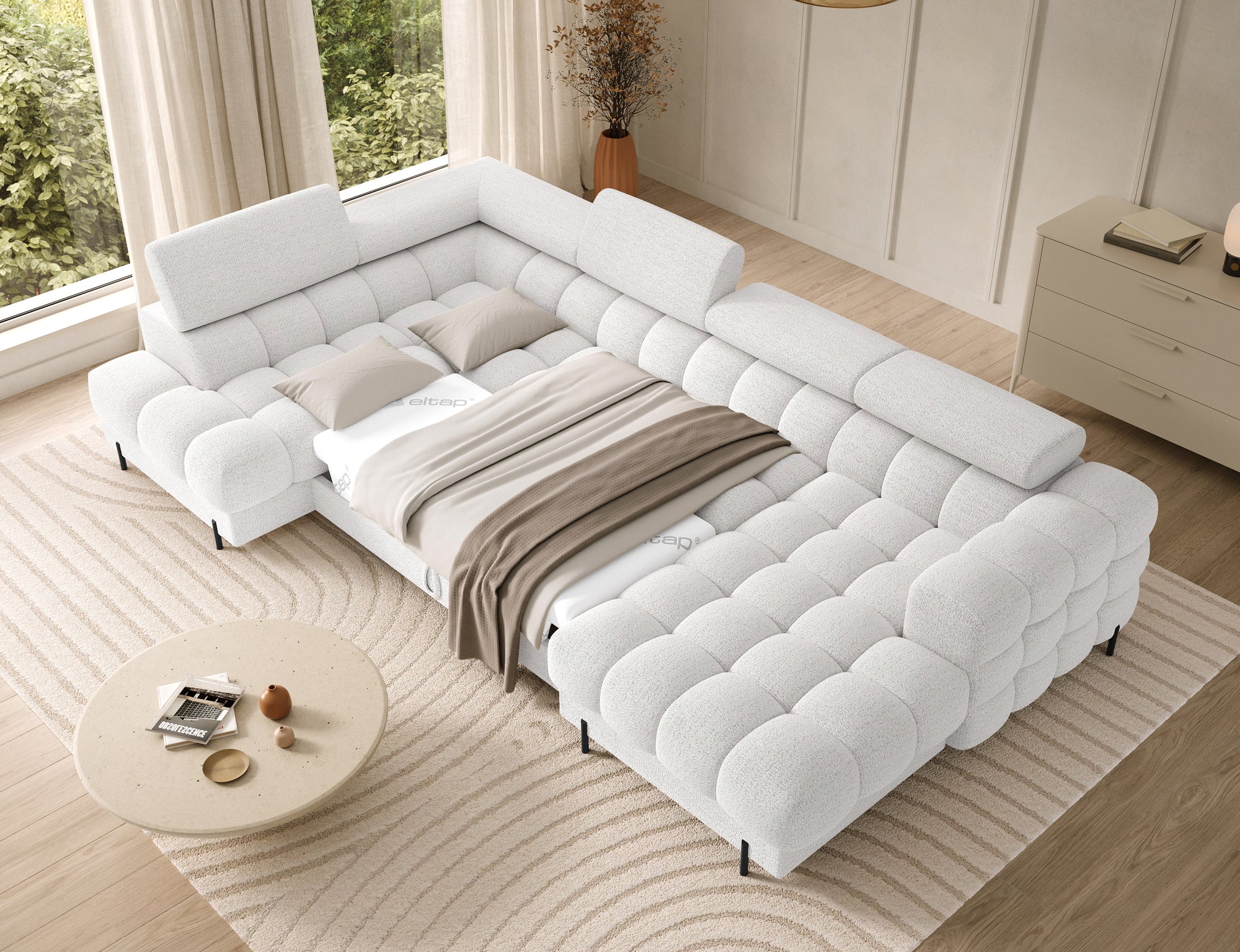 Montceau – Canapé panoramique en U convertible avec coffre et têtières réglables