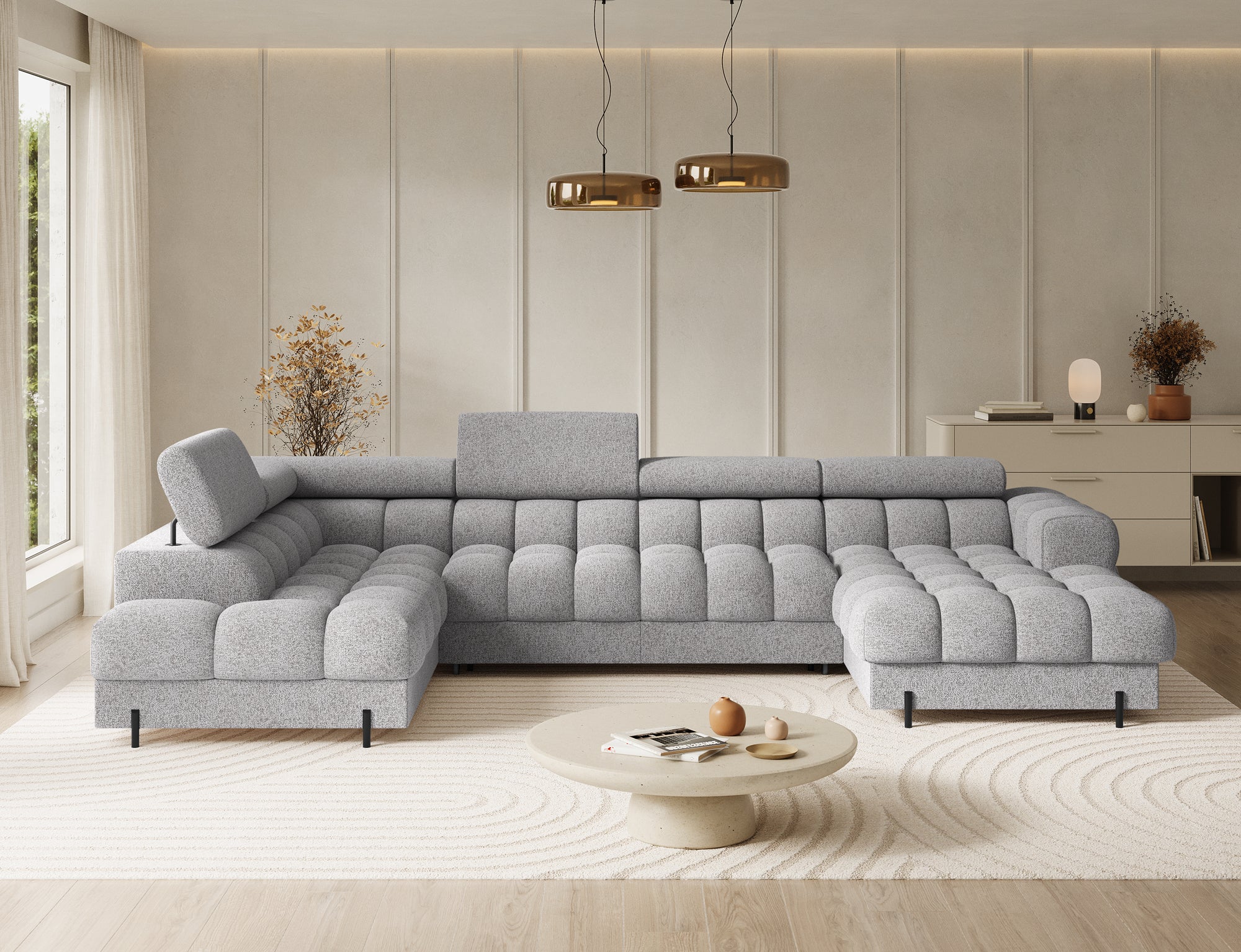 Montceau – Canapé panoramique en U convertible avec coffre et têtières réglables