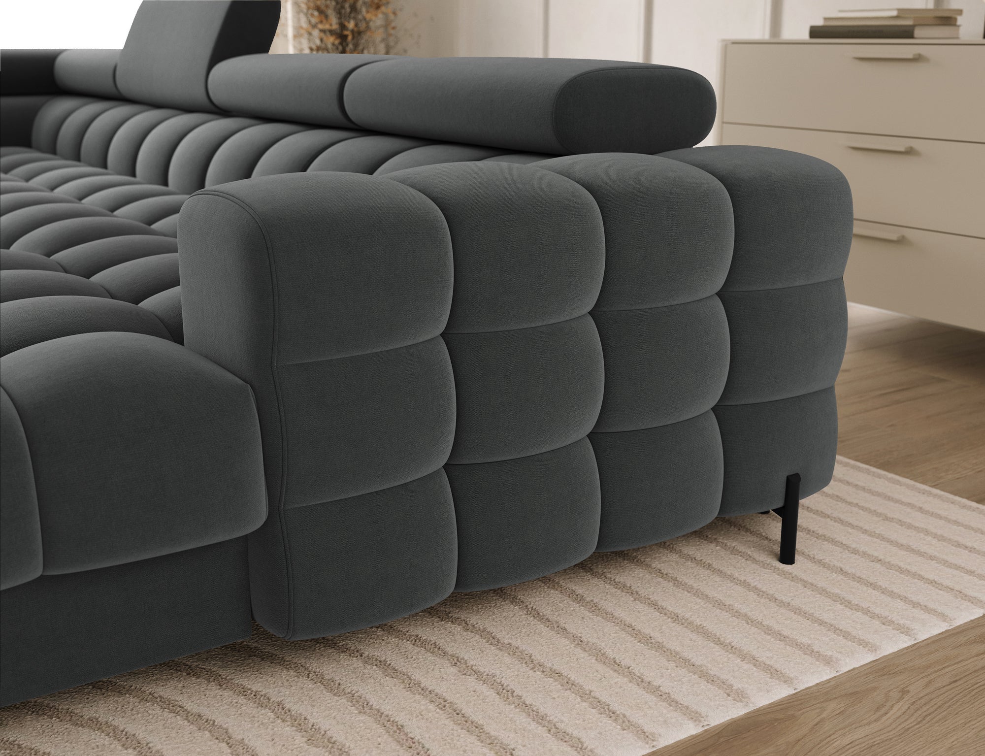 Montceau – Canapé panoramique en U convertible avec coffre et têtières réglables