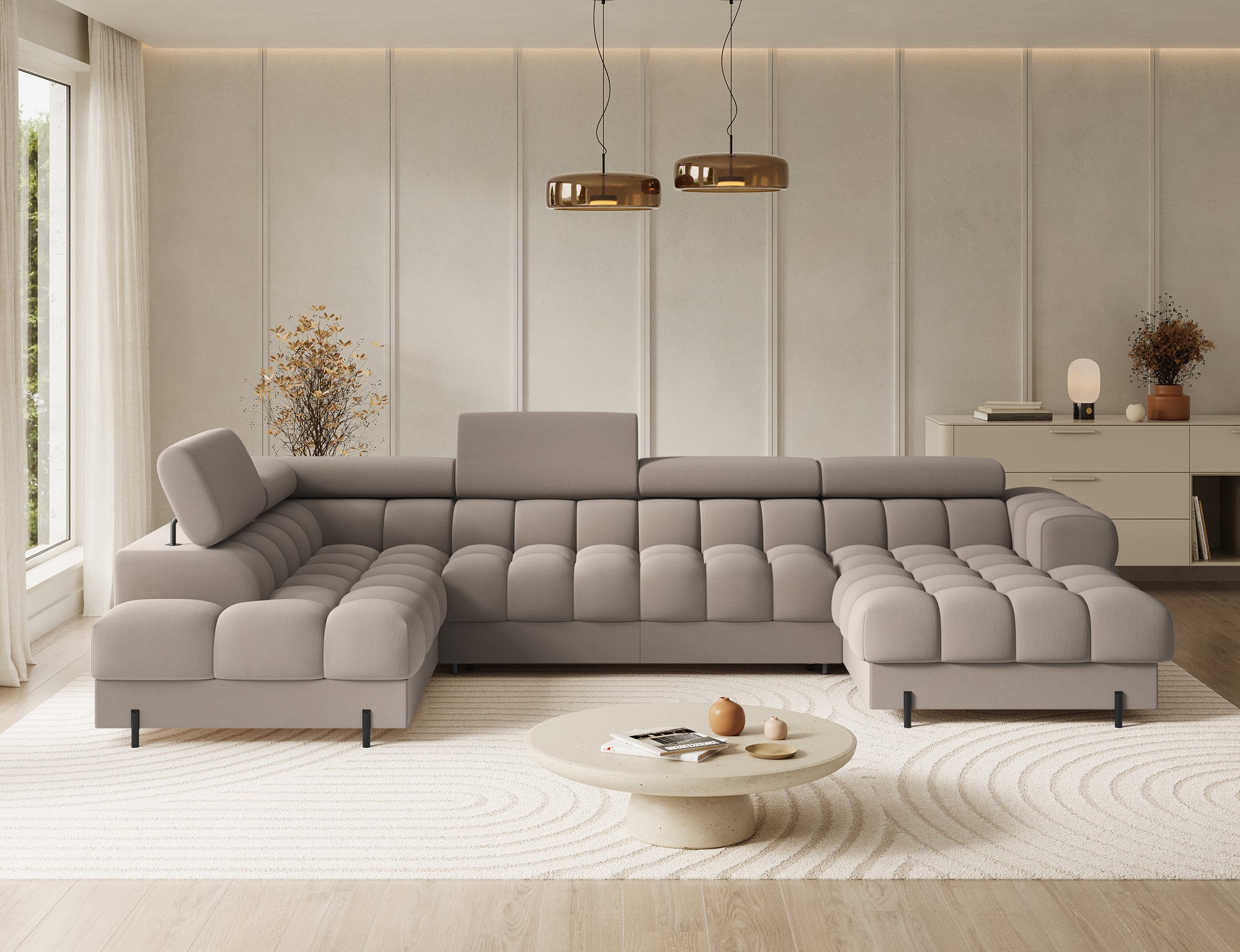 Montceau – Canapé panoramique en U convertible avec coffre et têtières réglables