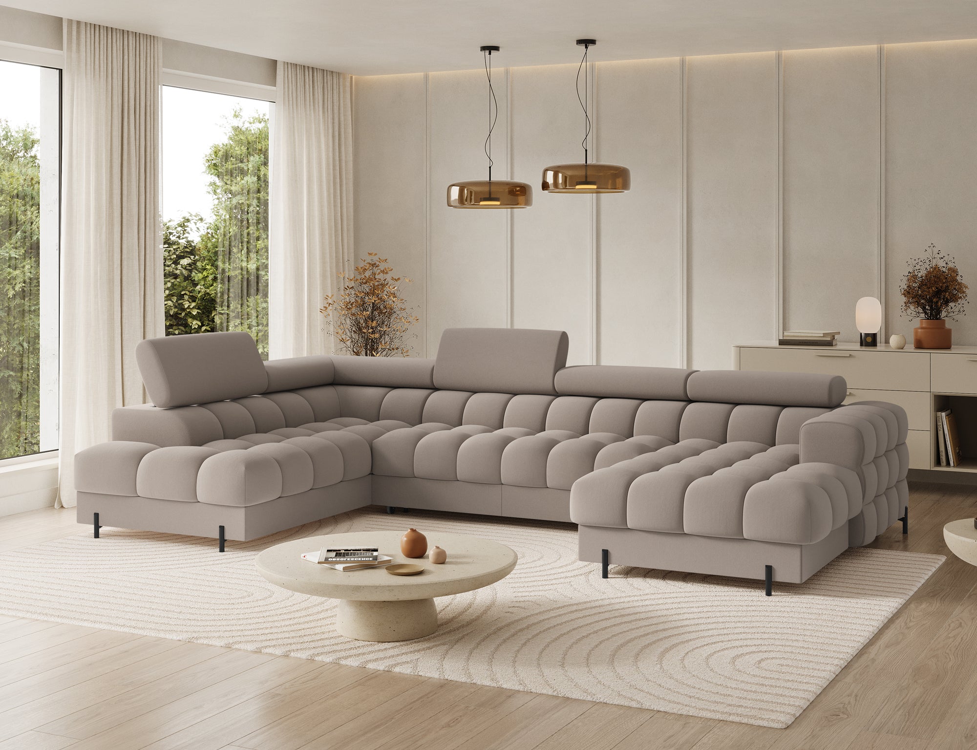 Montceau – Canapé panoramique en U convertible avec coffre et têtières réglables