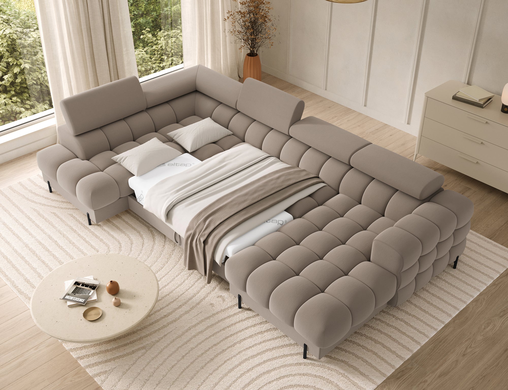 Montceau – Canapé panoramique en U convertible avec coffre et têtières réglables