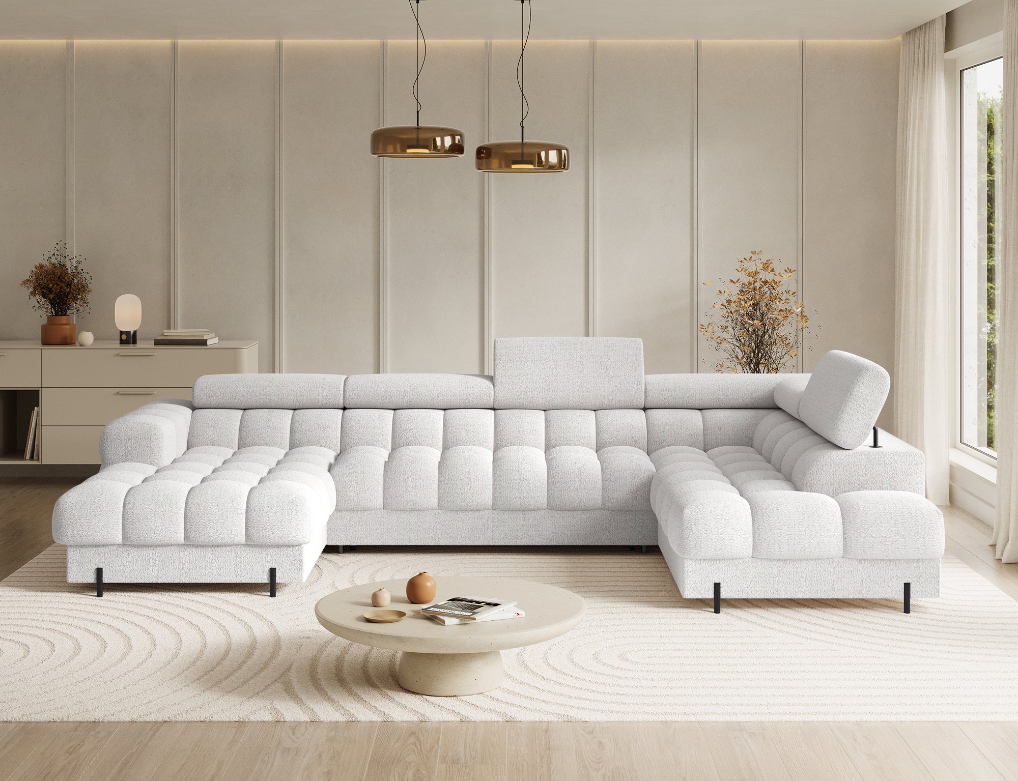 Montceau – Canapé panoramique en U convertible avec coffre et têtières réglables