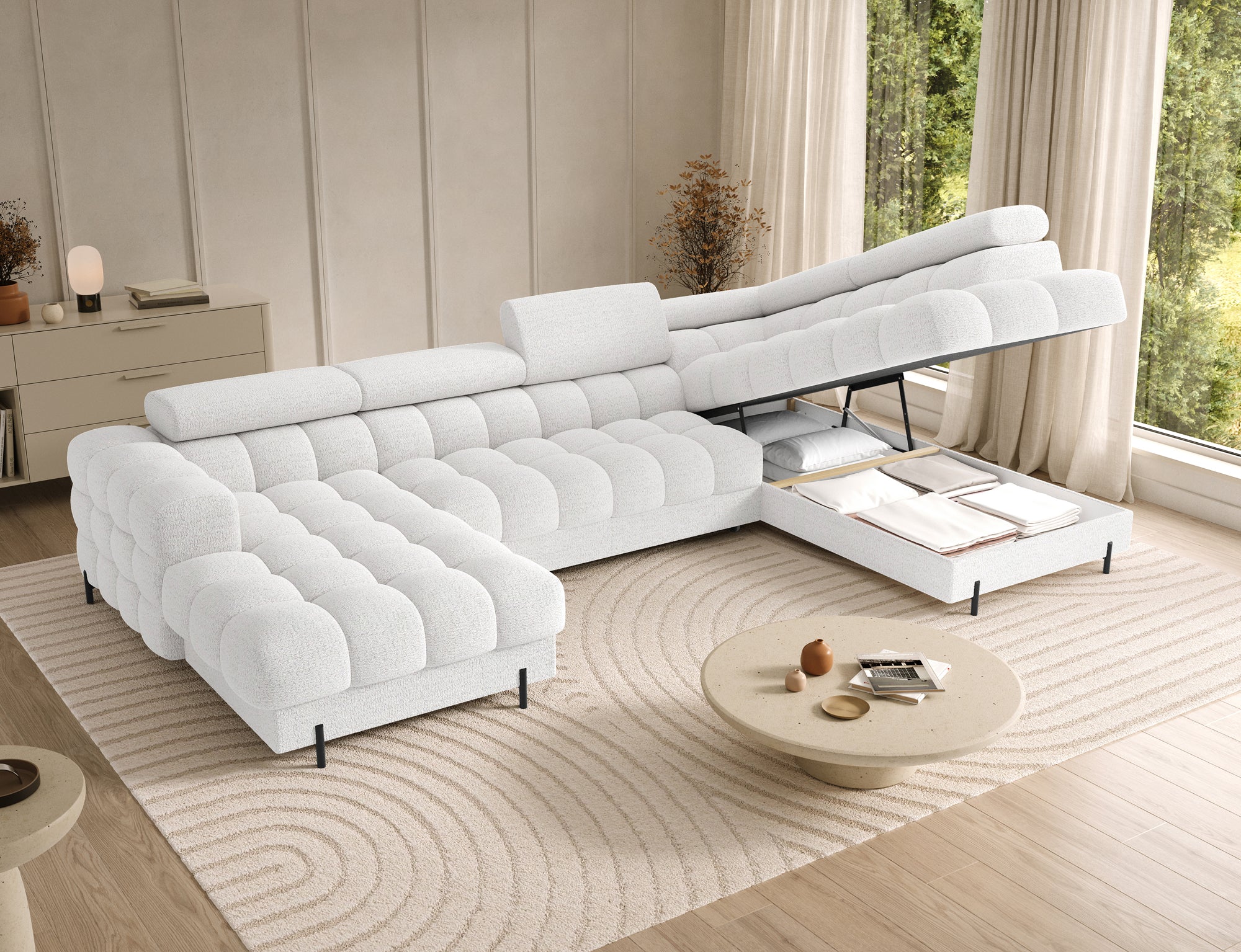 Montceau – Canapé panoramique en U convertible avec coffre et têtières réglables