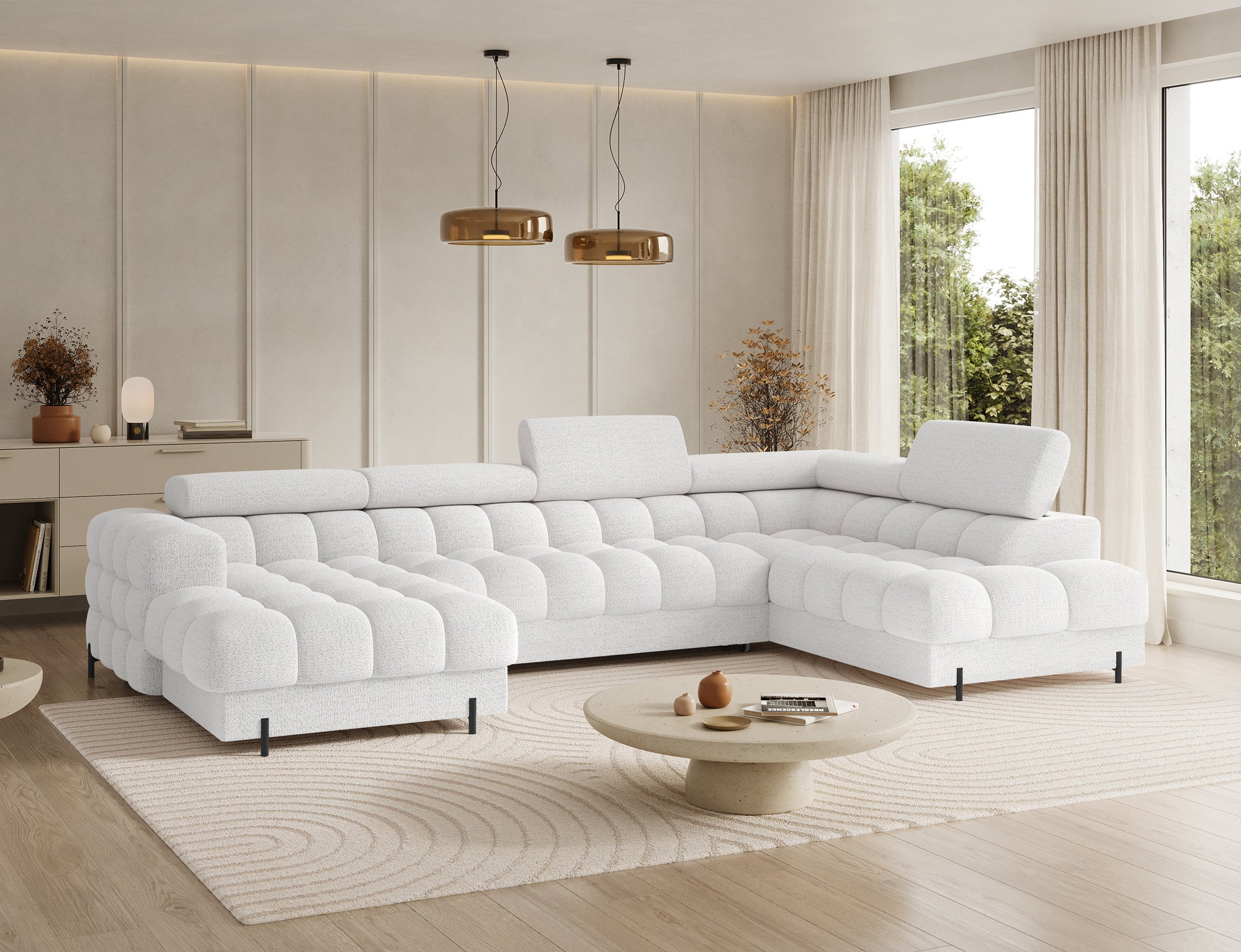 Montceau – Canapé panoramique en U convertible avec coffre et têtières réglables