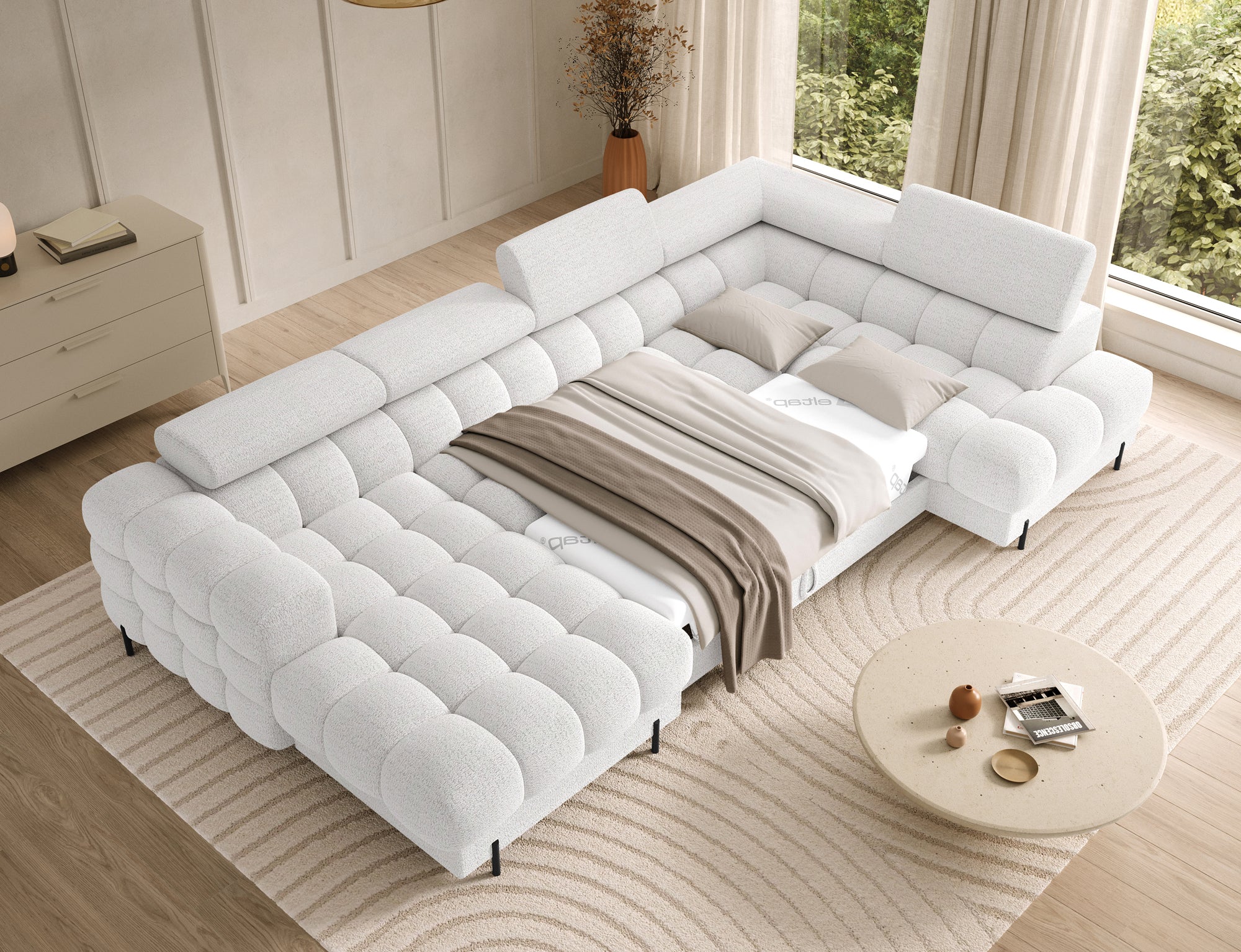 Montceau – Canapé panoramique en U convertible avec coffre et têtières réglables