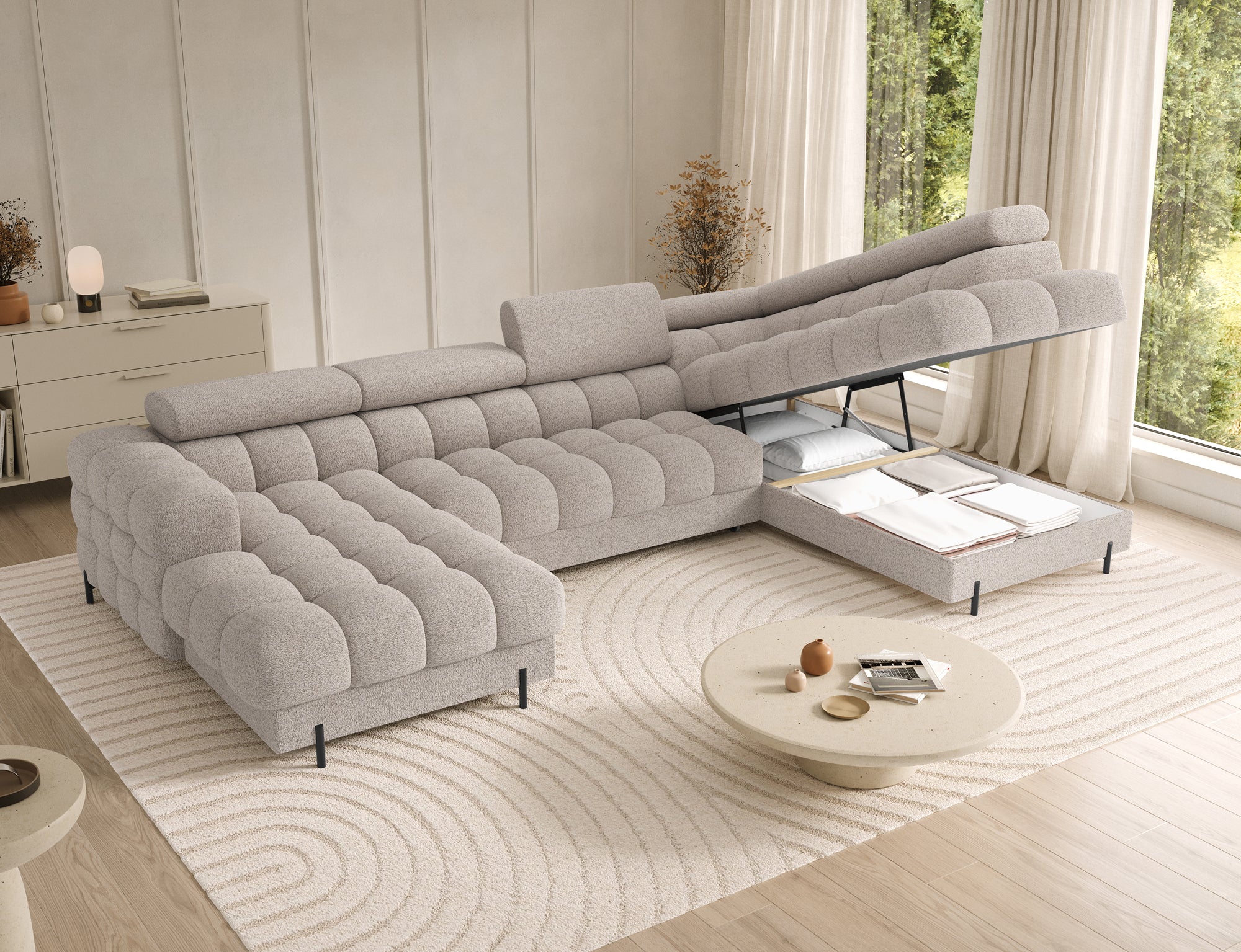 Montceau – Canapé panoramique en U convertible avec coffre et têtières réglables