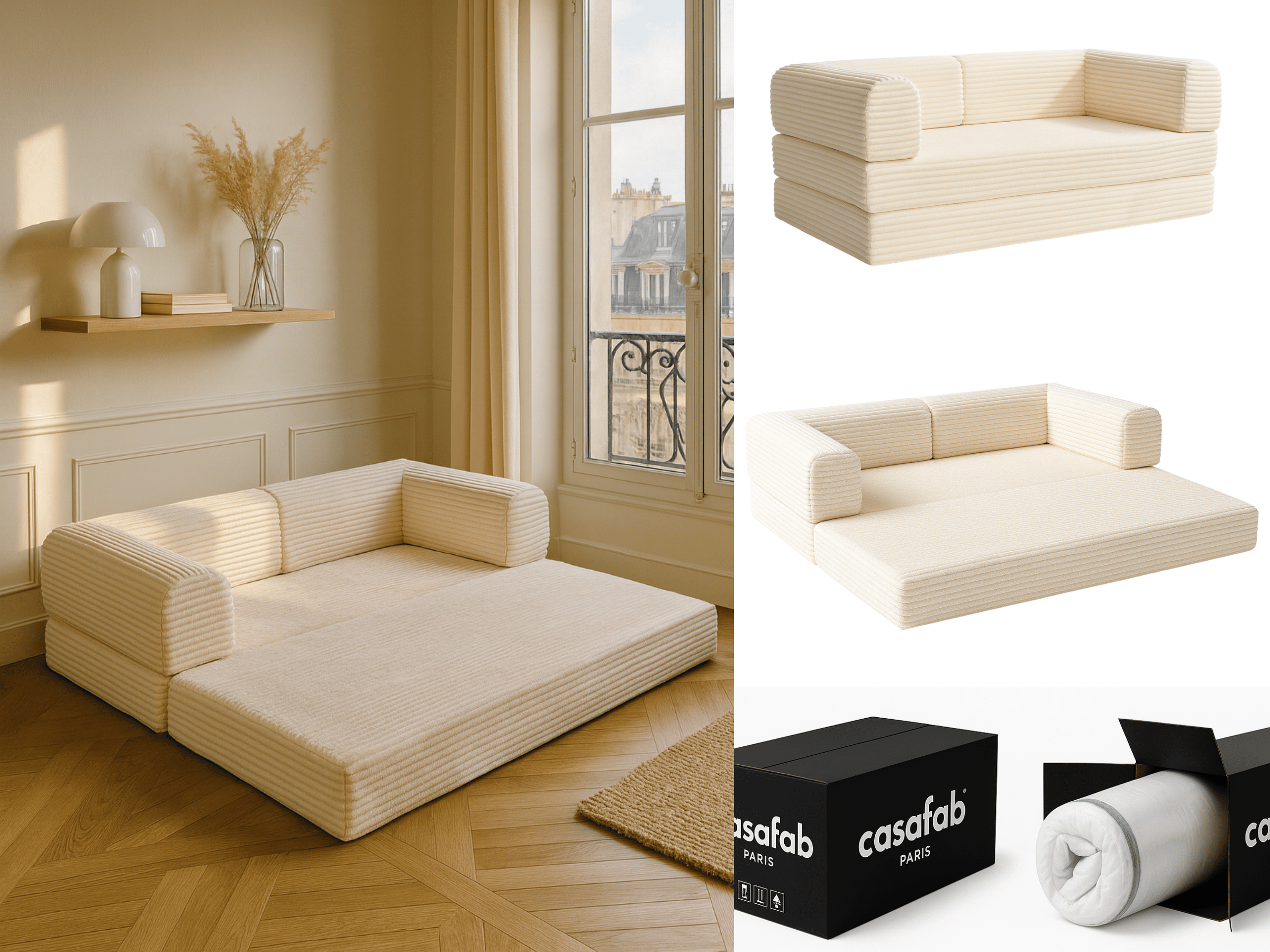 Sofá cama de 3 plazas Victor Hugo de pana beige de 200 cm de grosor