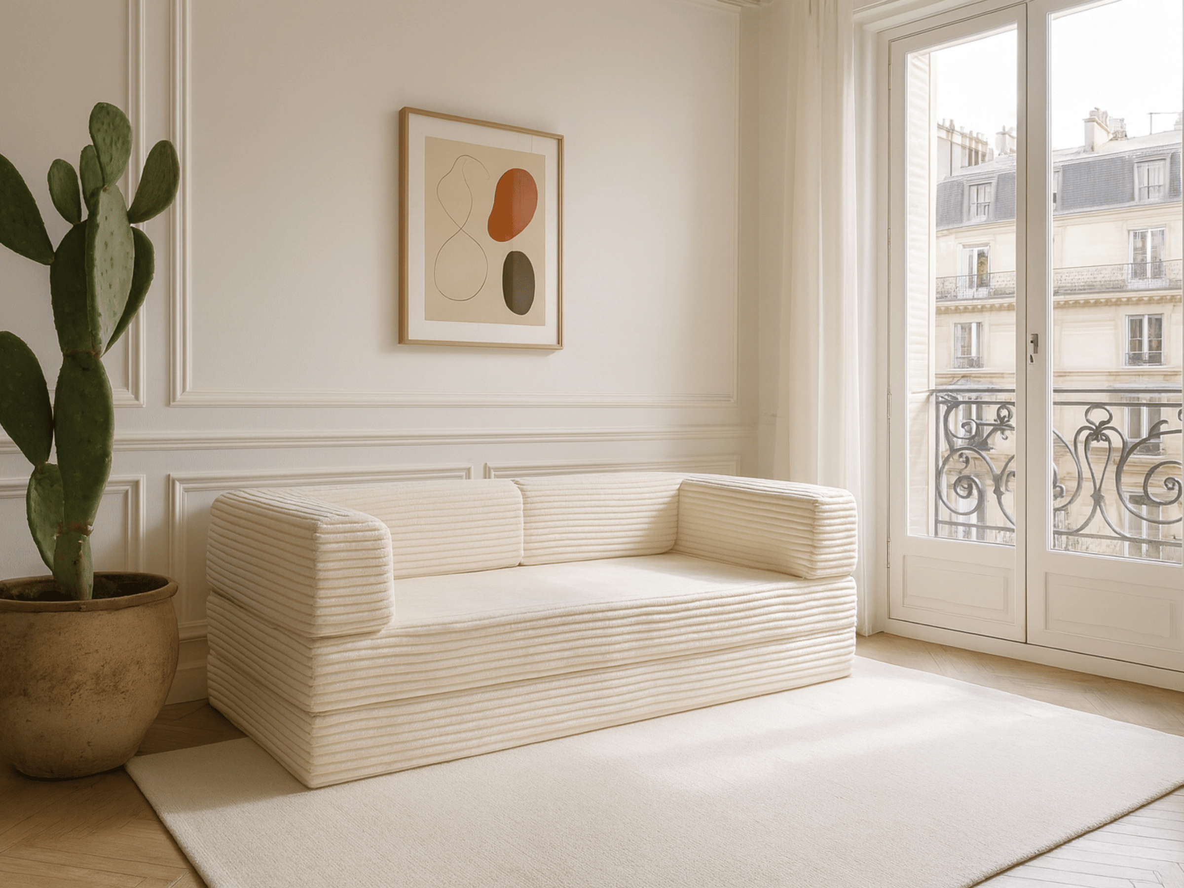 Sofá cama de 3 plazas Victor Hugo de pana beige de 200 cm de grosor