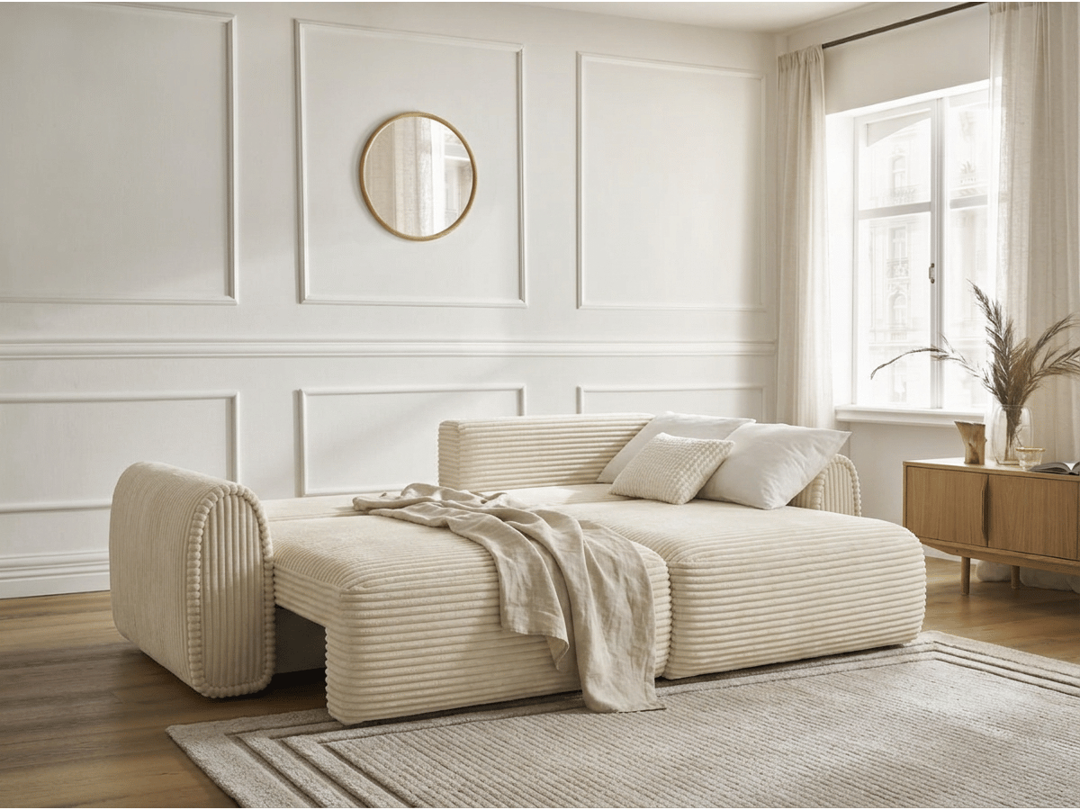 Canapé convertible ODEON – velours côtelé épais beige – design arrondi