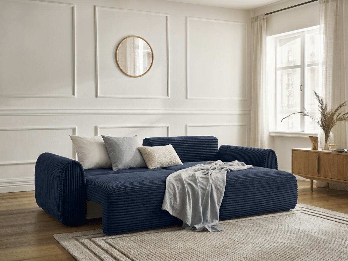 Canapé convertible ODEON – Velours côtelé épais – Design arrondi tendance