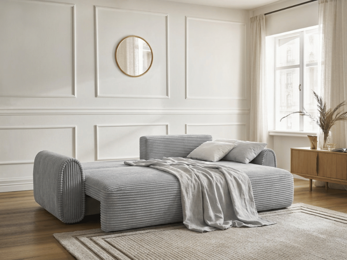 Canapé convertible ODEON – Velours côtelé épais – Design arrondi tendance