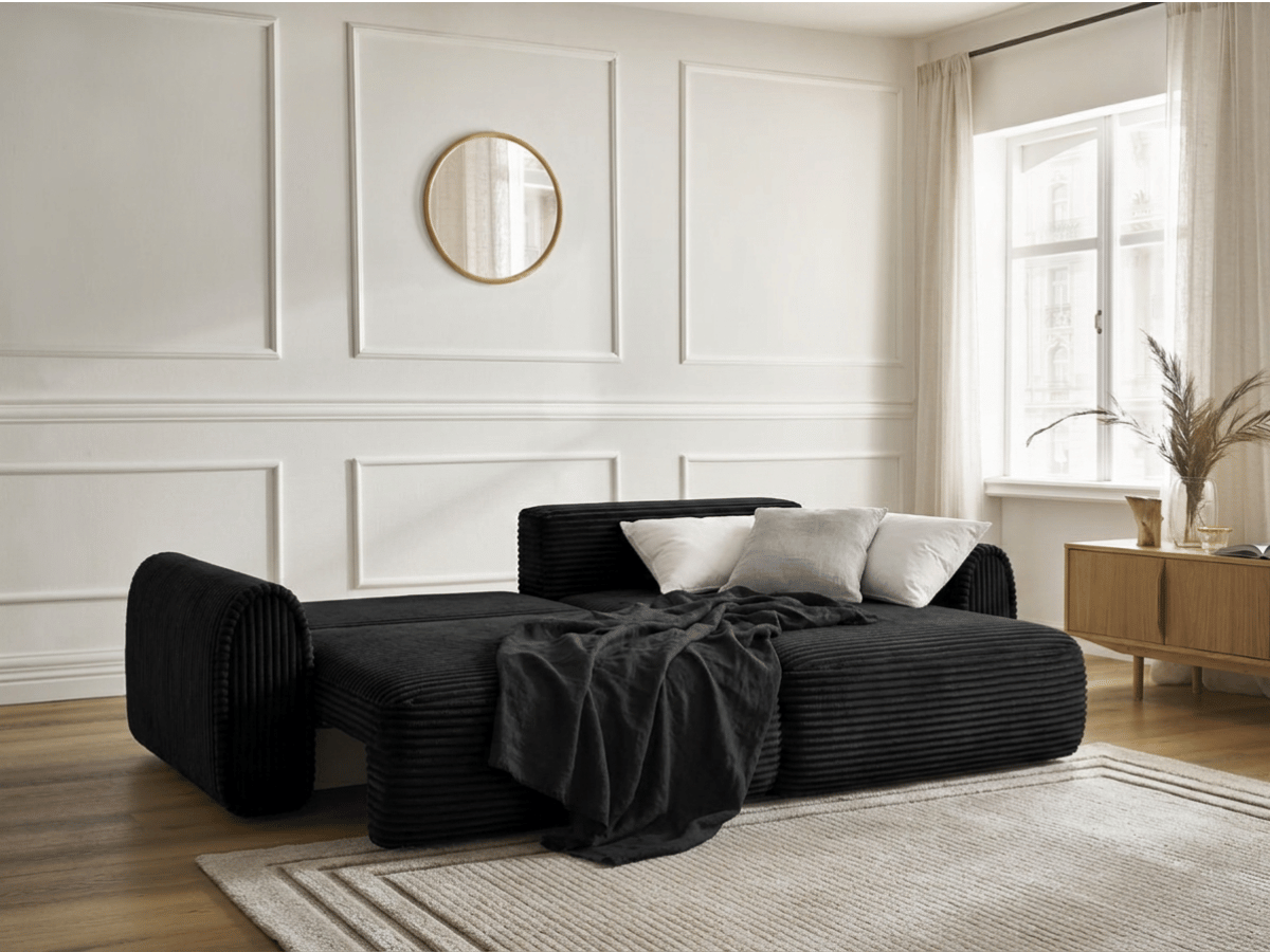 Canapé convertible ODEON – Velours côtelé épais – Design arrondi tendance