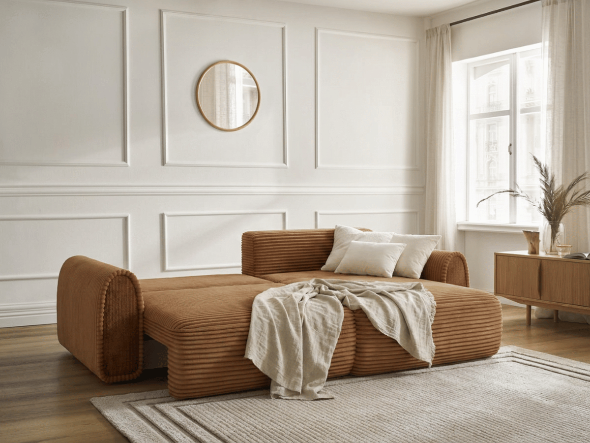 Canapé convertible ODEON – Velours côtelé épais – Design arrondi tendance