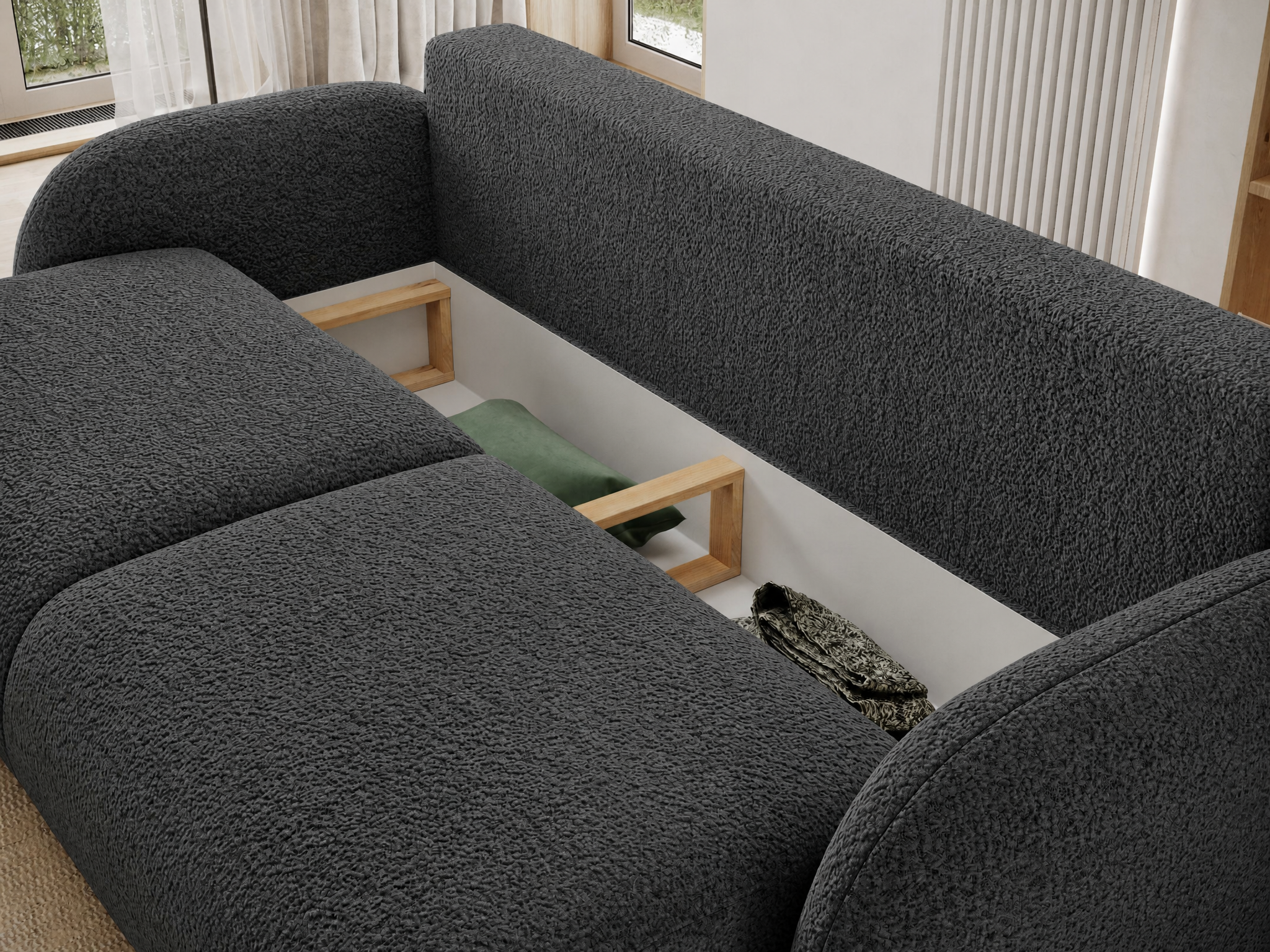 Canapé convertible design CADET avec coffre de rangement - Bouclette chinée gris foncé - vue 9