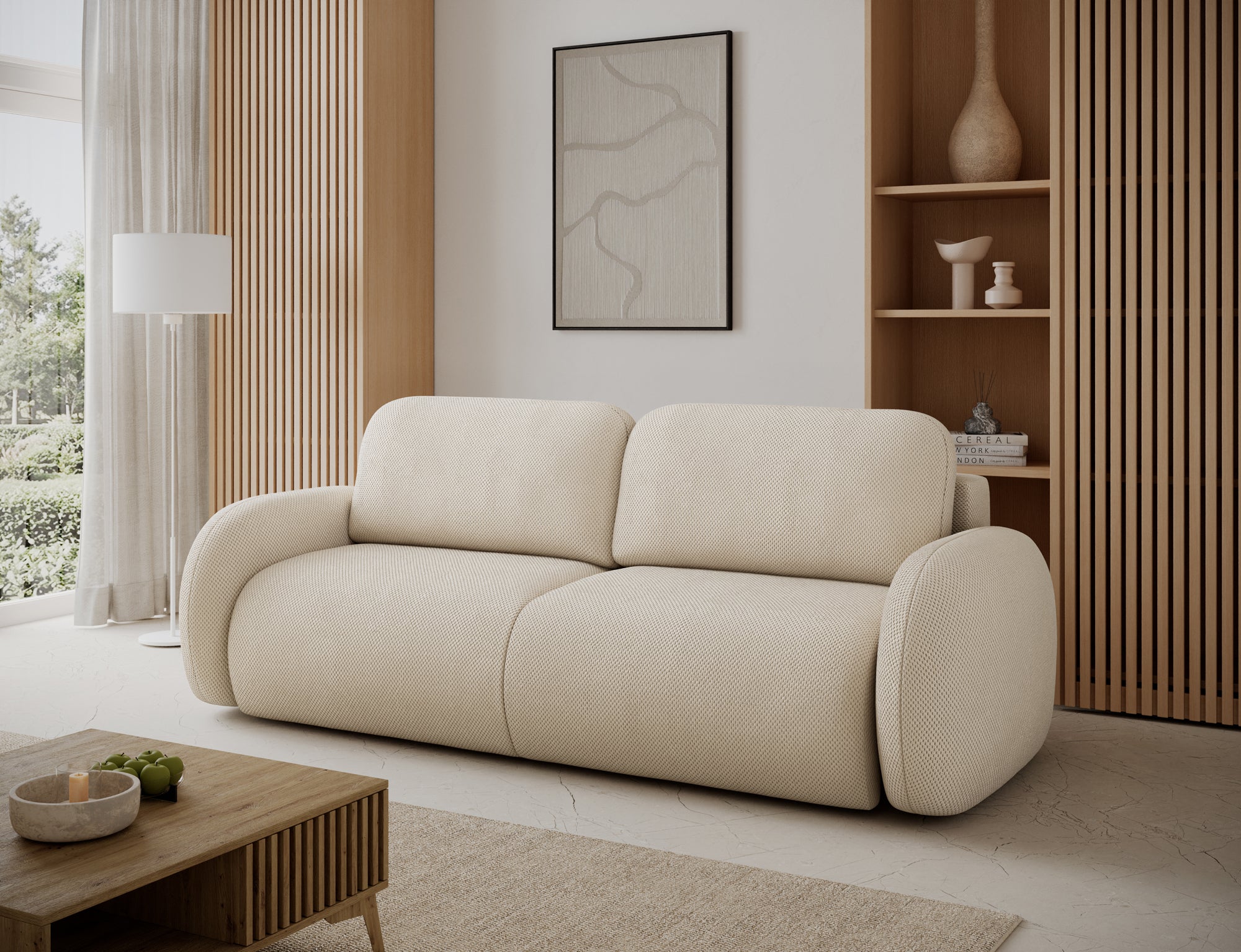 Canapé convertible design CADET avec coffre de rangement - Tissu texturé beige - vue 5