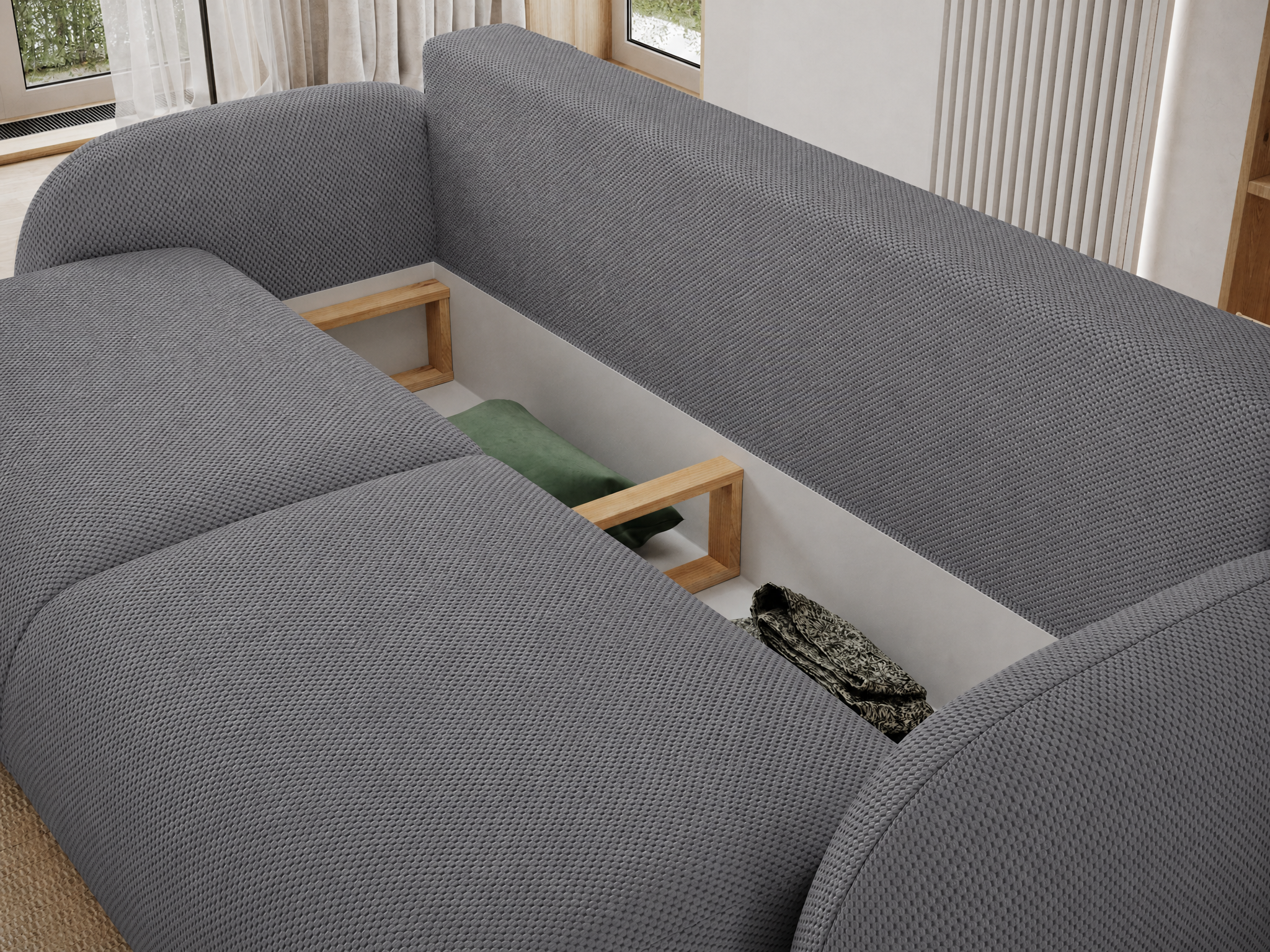 Canapé convertible design CADET avec coffre de rangement - Tissu texturé gris foncé - vue 9