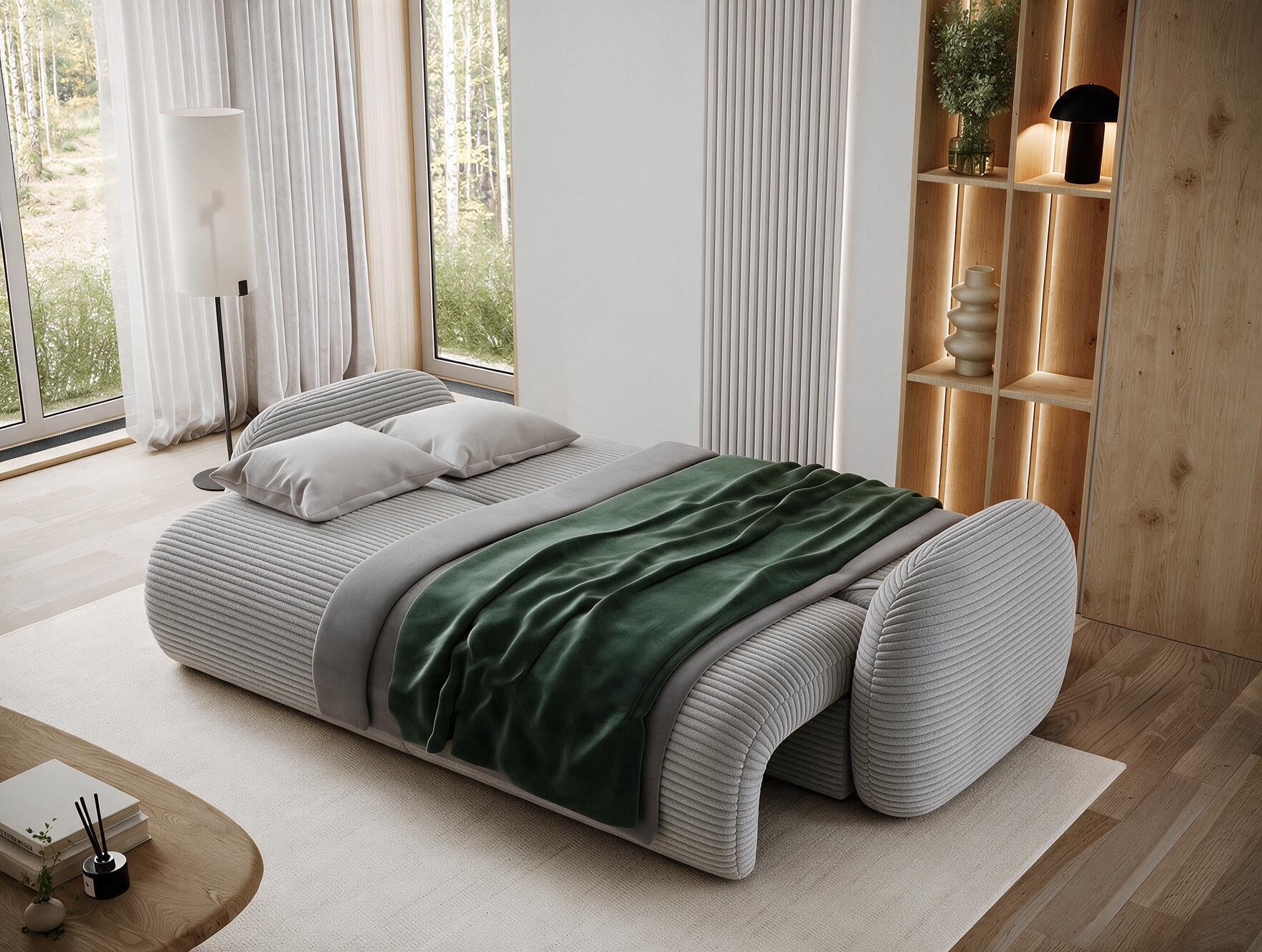 Canapé convertible design CADET avec coffre de rangement - Velours côtelé épais gris clair - vue 2