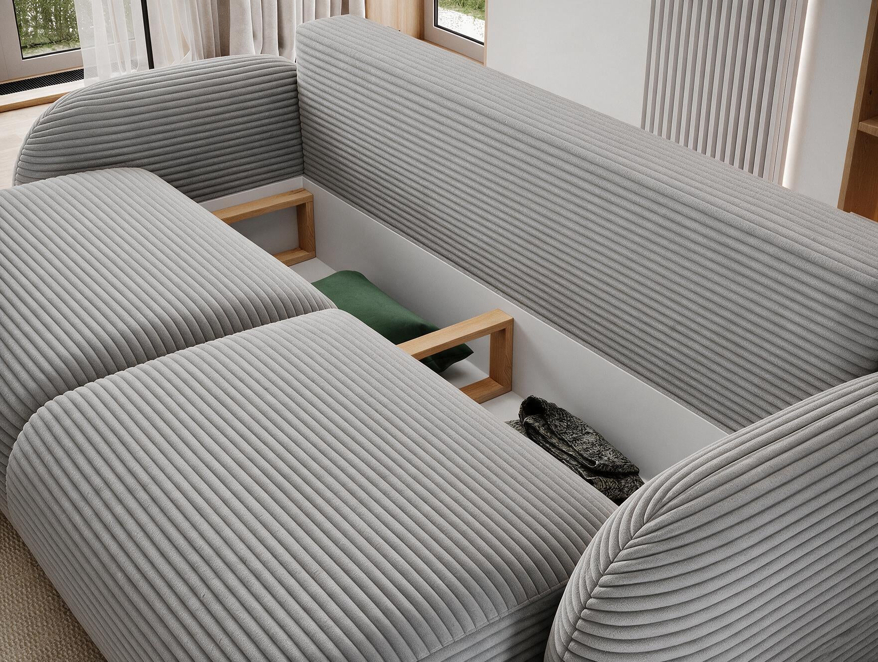 Canapé convertible design CADET avec coffre de rangement - Velours côtelé épais gris clair - vue 9