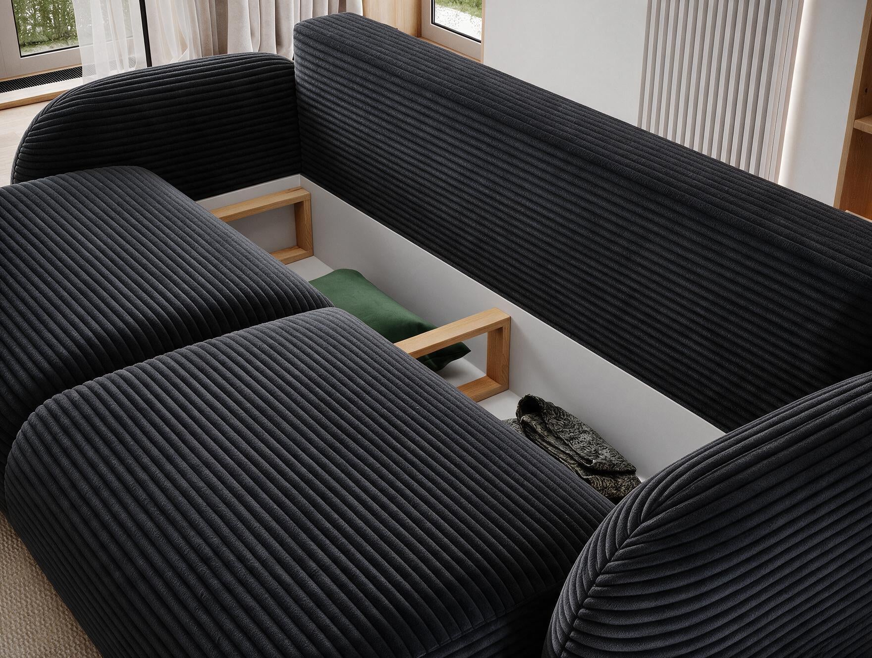 Canapé convertible design CADET avec coffre de rangement - Velours côtelé épais noir - vue 9