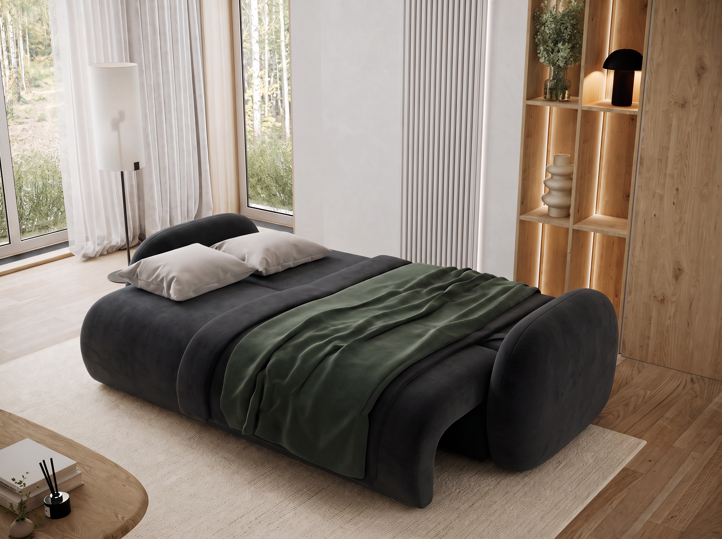 Canapé convertible design CADET avec coffre de rangement - Velours noir - vue 2