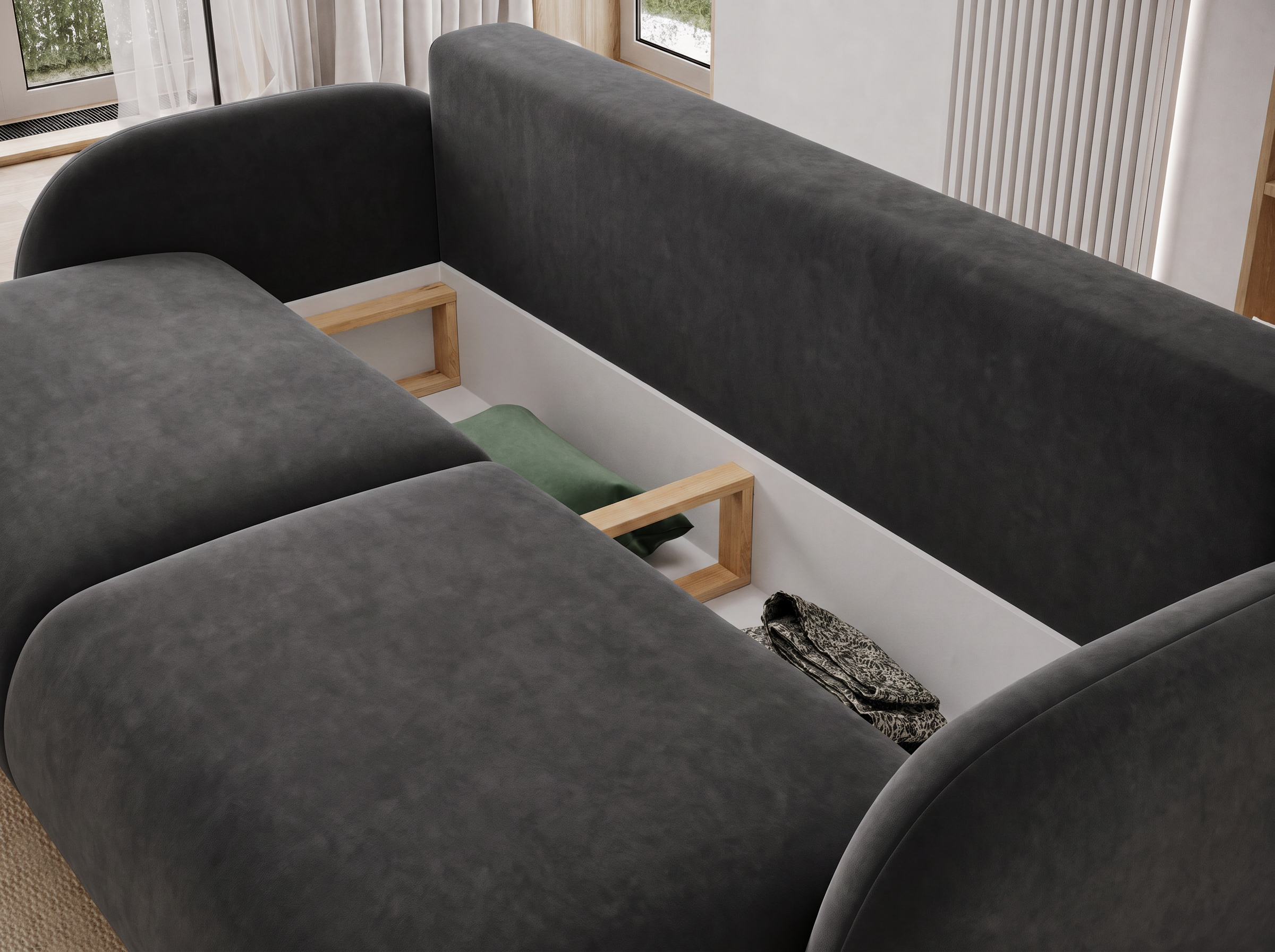 Canapé convertible design CADET avec coffre de rangement - Velours noir - vue 9