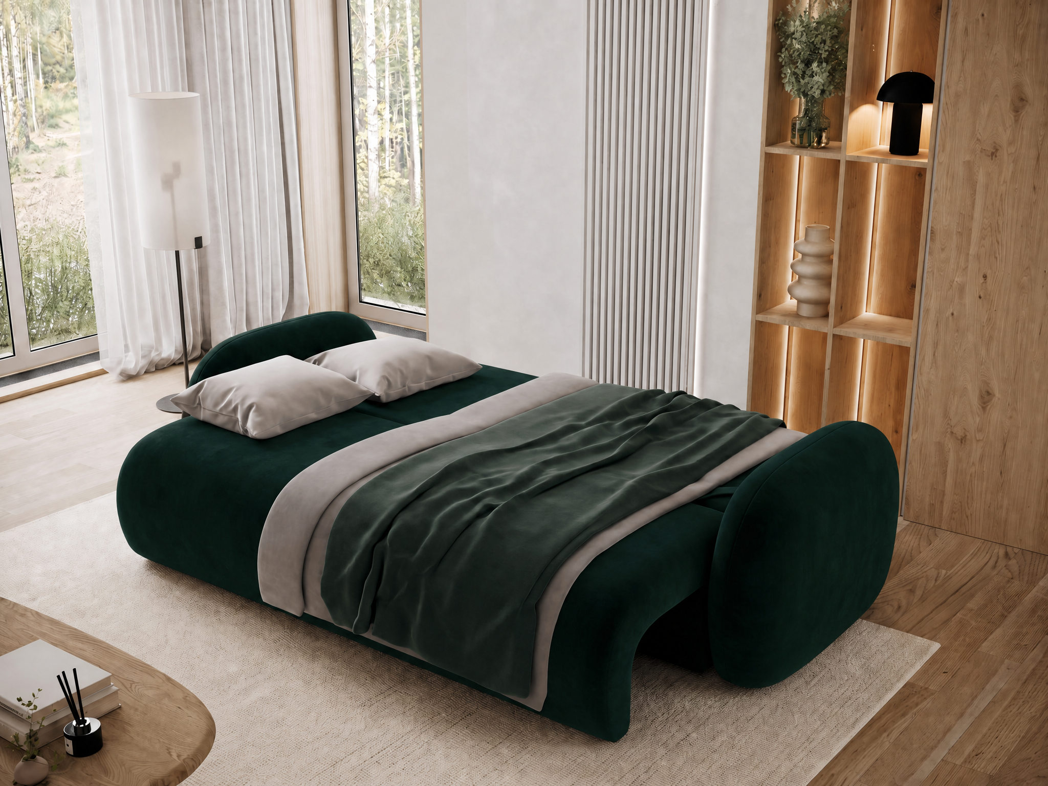 Canapé convertible design CADET avec coffre de rangement - Velours vert sapin - vue 2