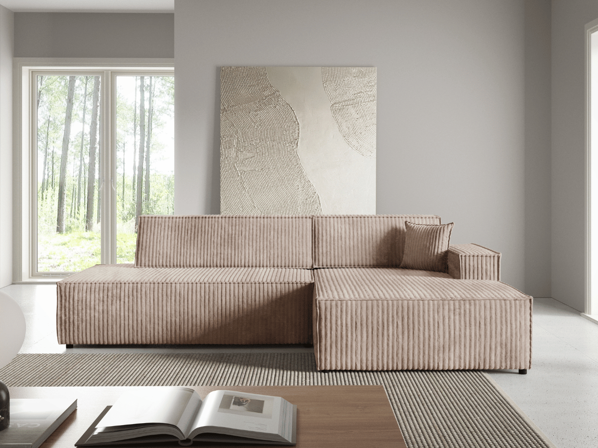 Gran sofá cama esquinero de pana beige GRENELLE
