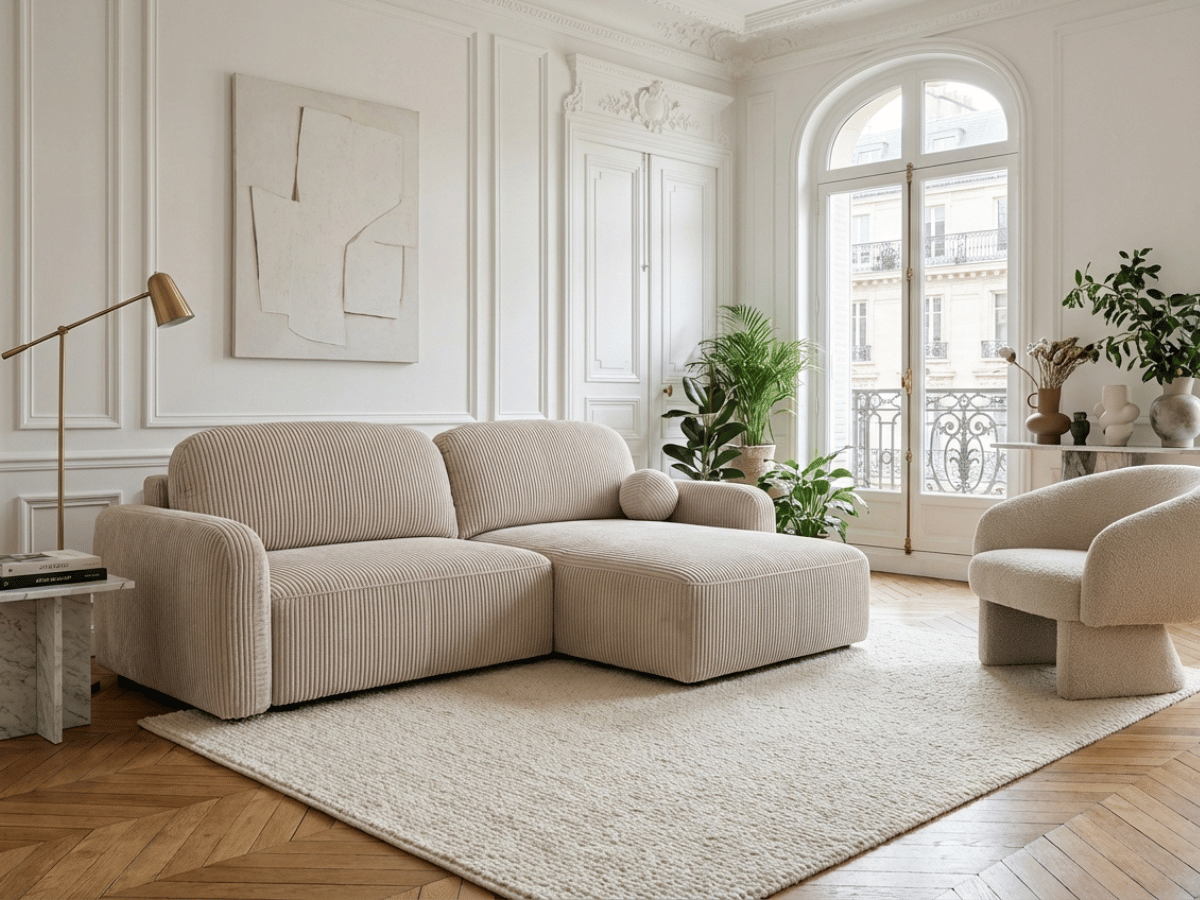 Canapé d’angle convertible HONORÉ – velours côtelé avec coffre