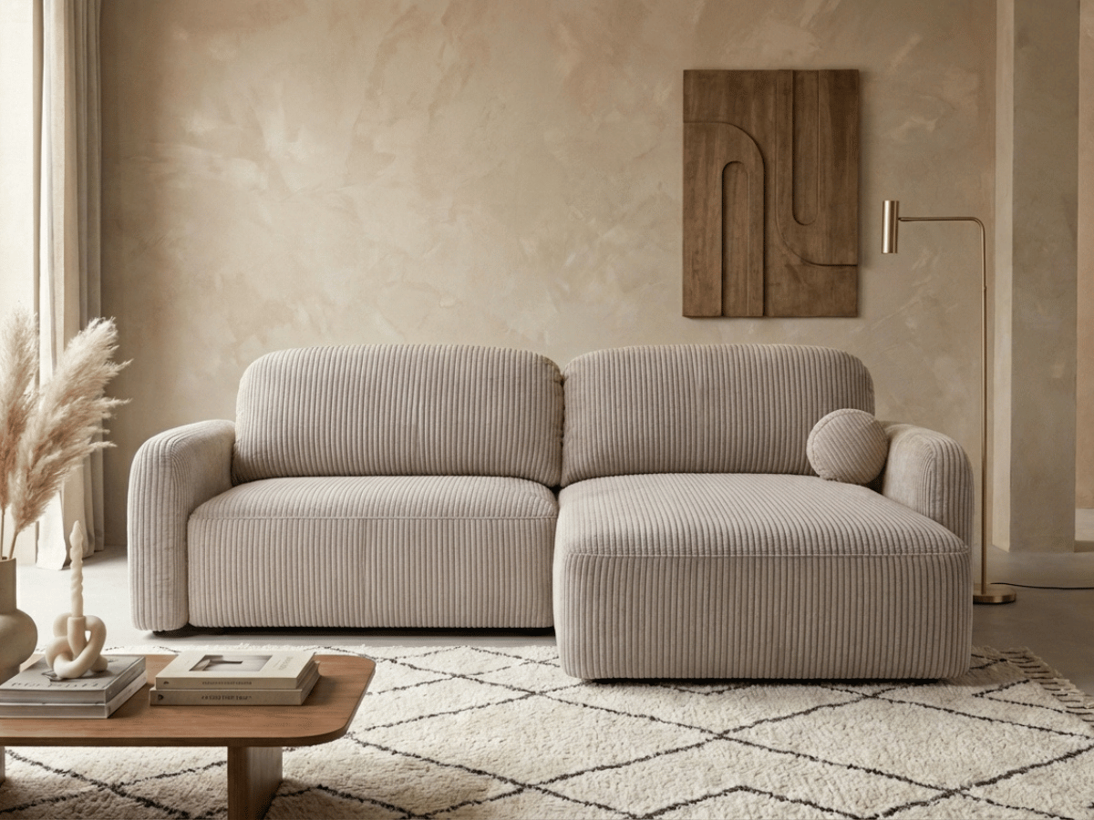 Canapé d’angle convertible HONORÉ – velours côtelé avec coffre