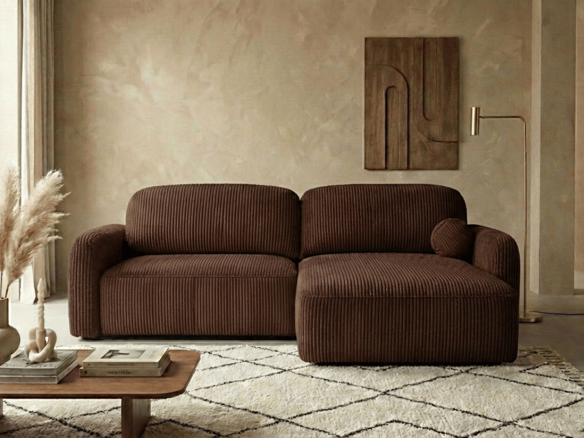 Canapé d’angle convertible HONORÉ – velours côtelé avec coffre