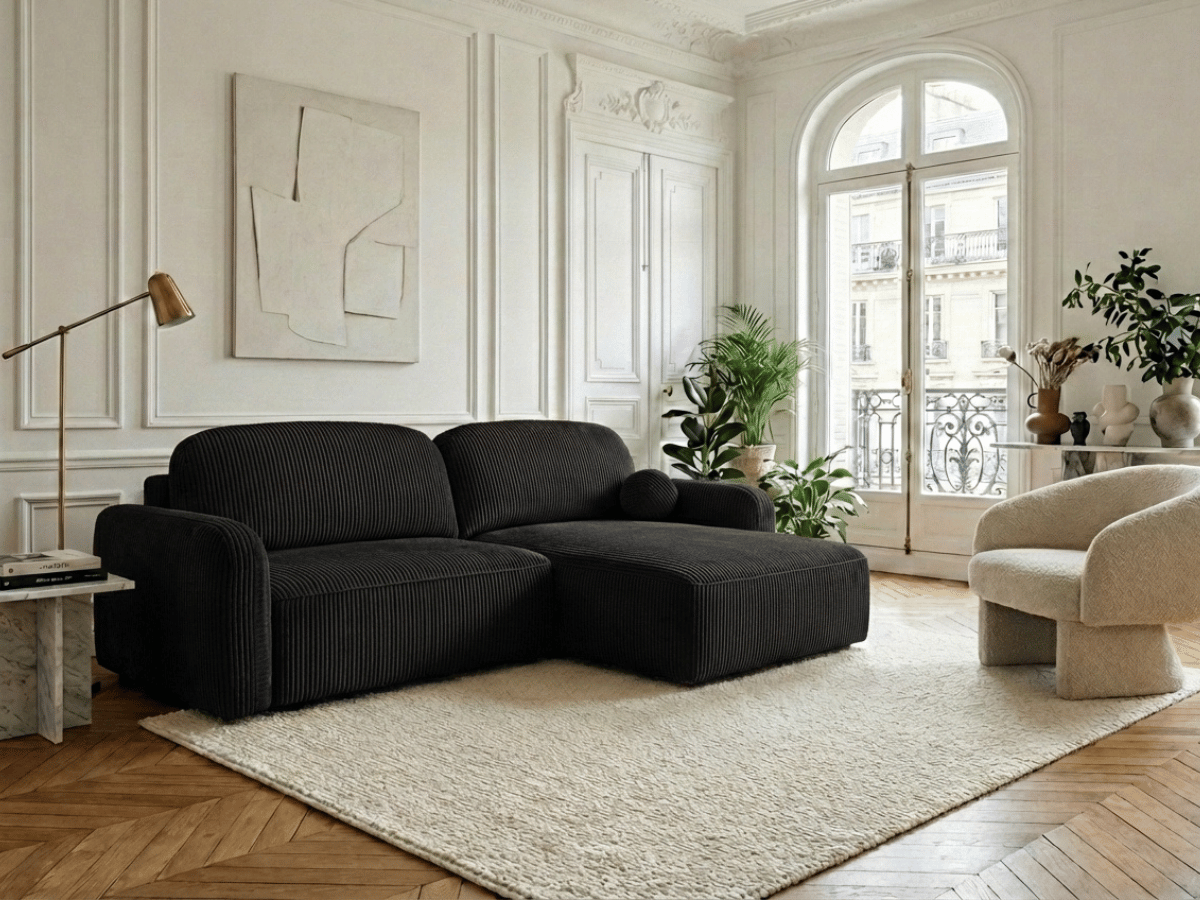 Canapé d’angle convertible HONORÉ – velours côtelé avec coffre