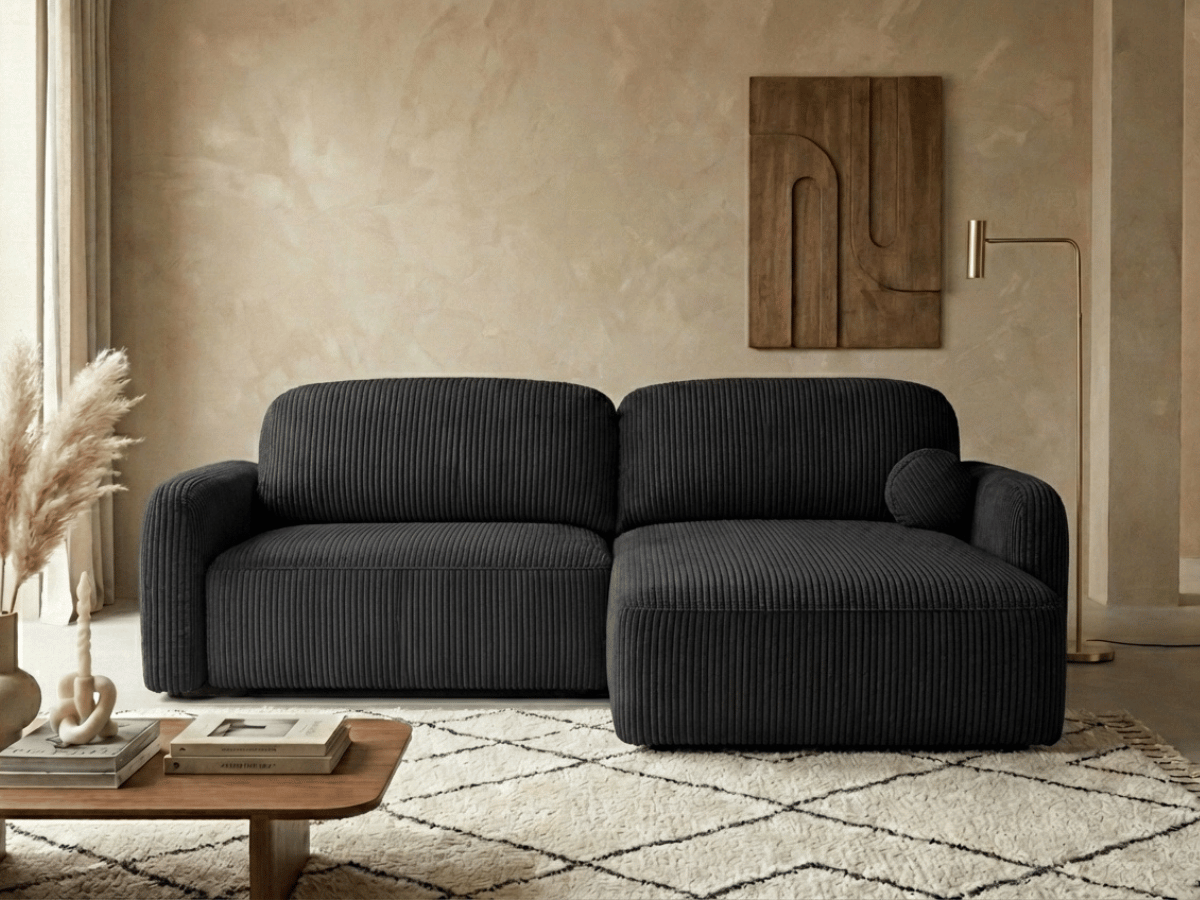 Canapé d’angle convertible HONORÉ – velours côtelé avec coffre