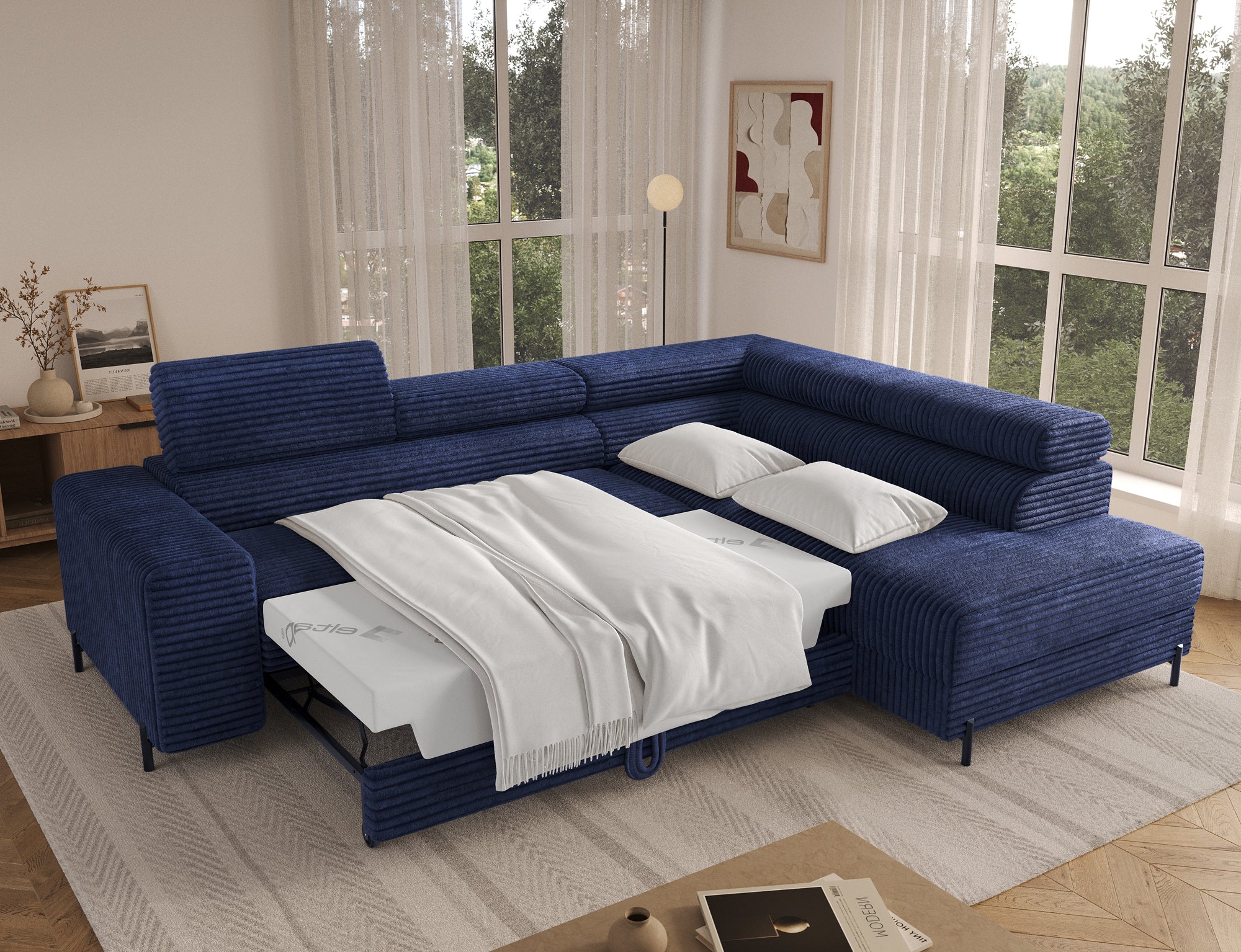 Canapé d’angle convertible LAFAYETTE en velours côtelé avec têtières relevables
