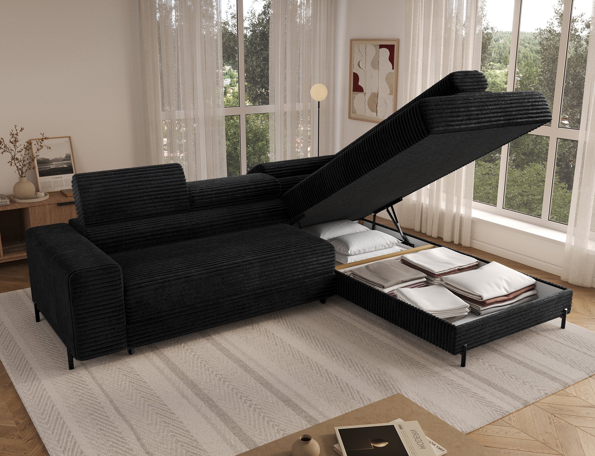 Canapé d’angle convertible LAFAYETTE en velours côtelé avec têtières relevables