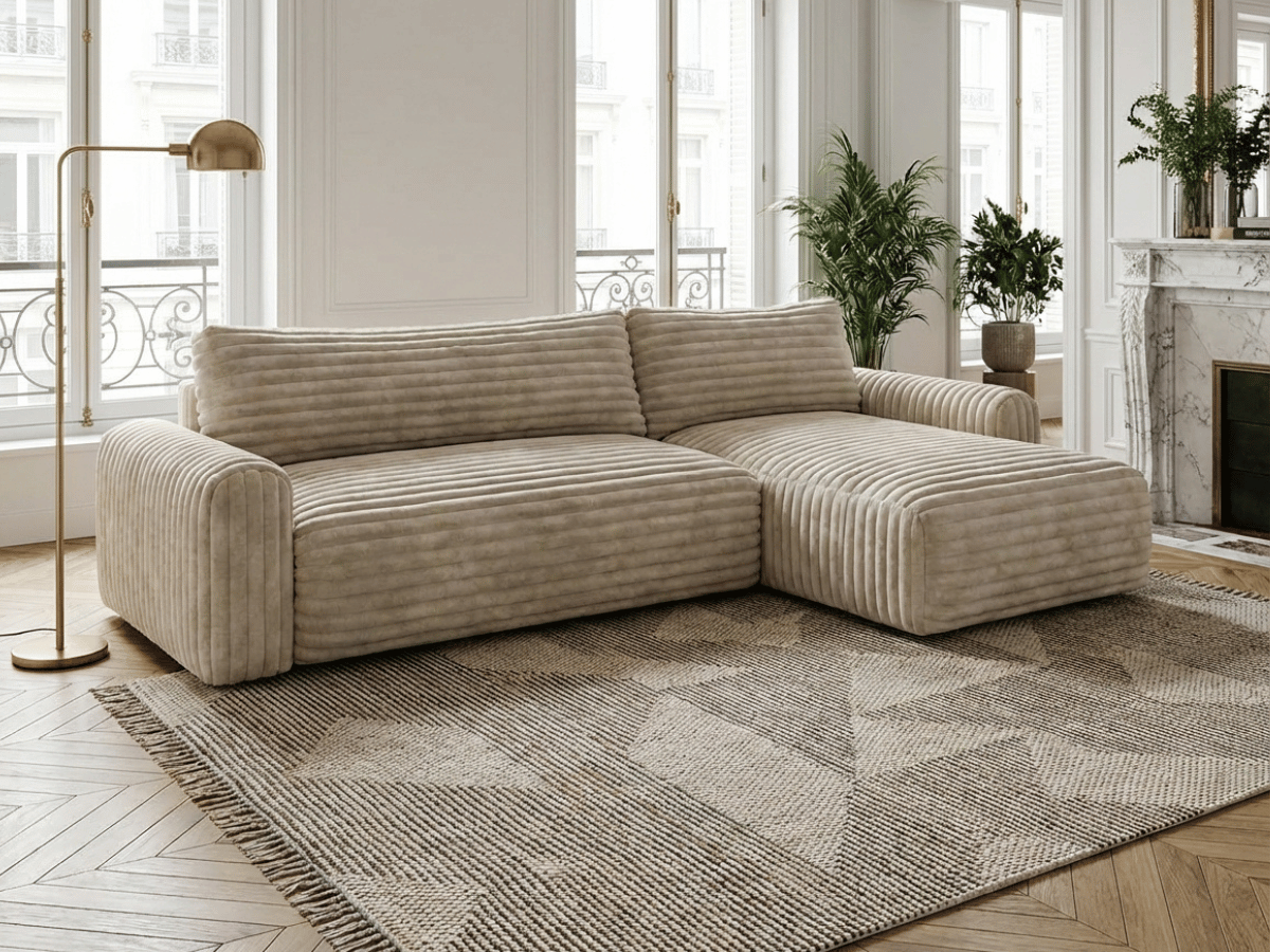 Canapé d’angle convertible Marbeuf avec coffre – Velours côtelé ou bouclette