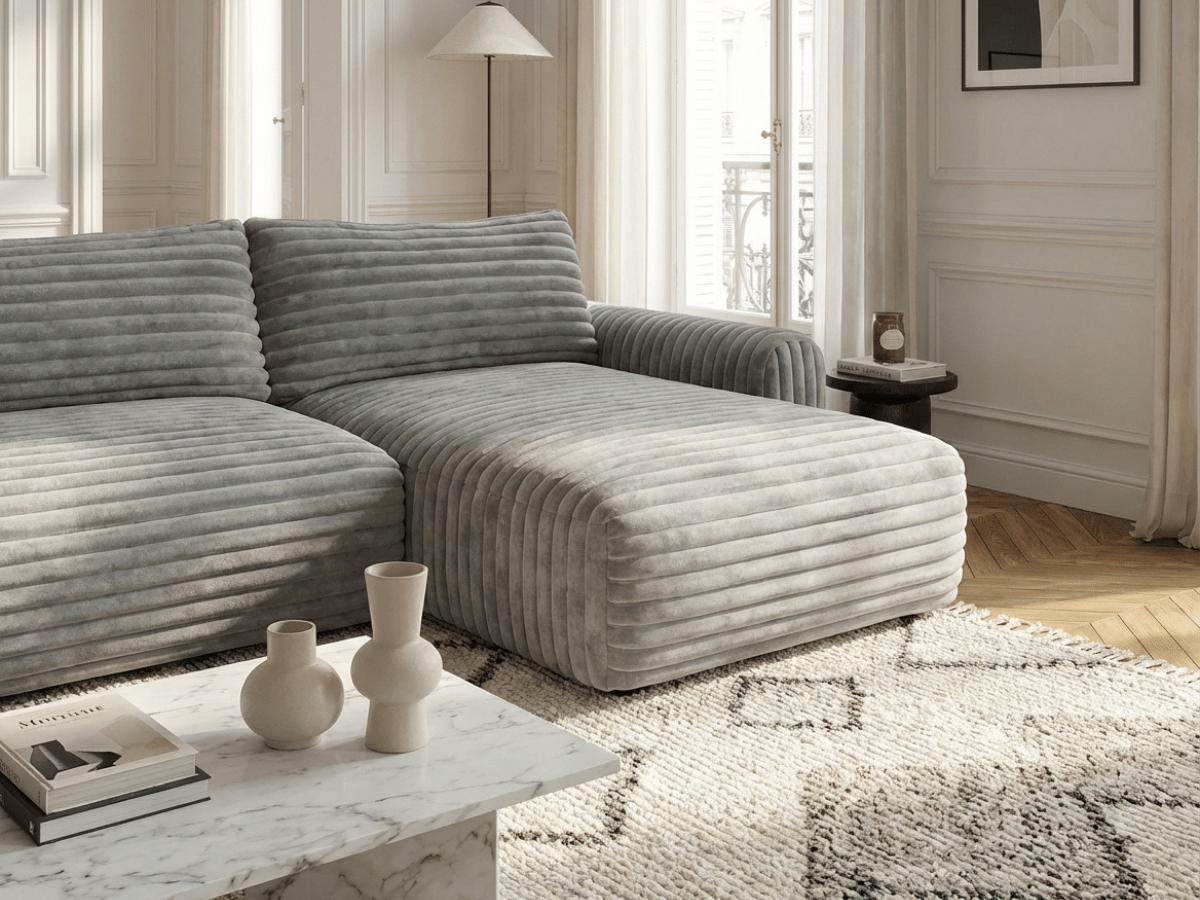 Canapé d’angle convertible Marbeuf avec coffre – Velours côtelé ou bouclette