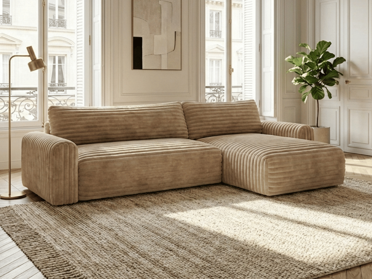 Canapé d’angle convertible Marbeuf avec coffre – Velours côtelé ou bouclette