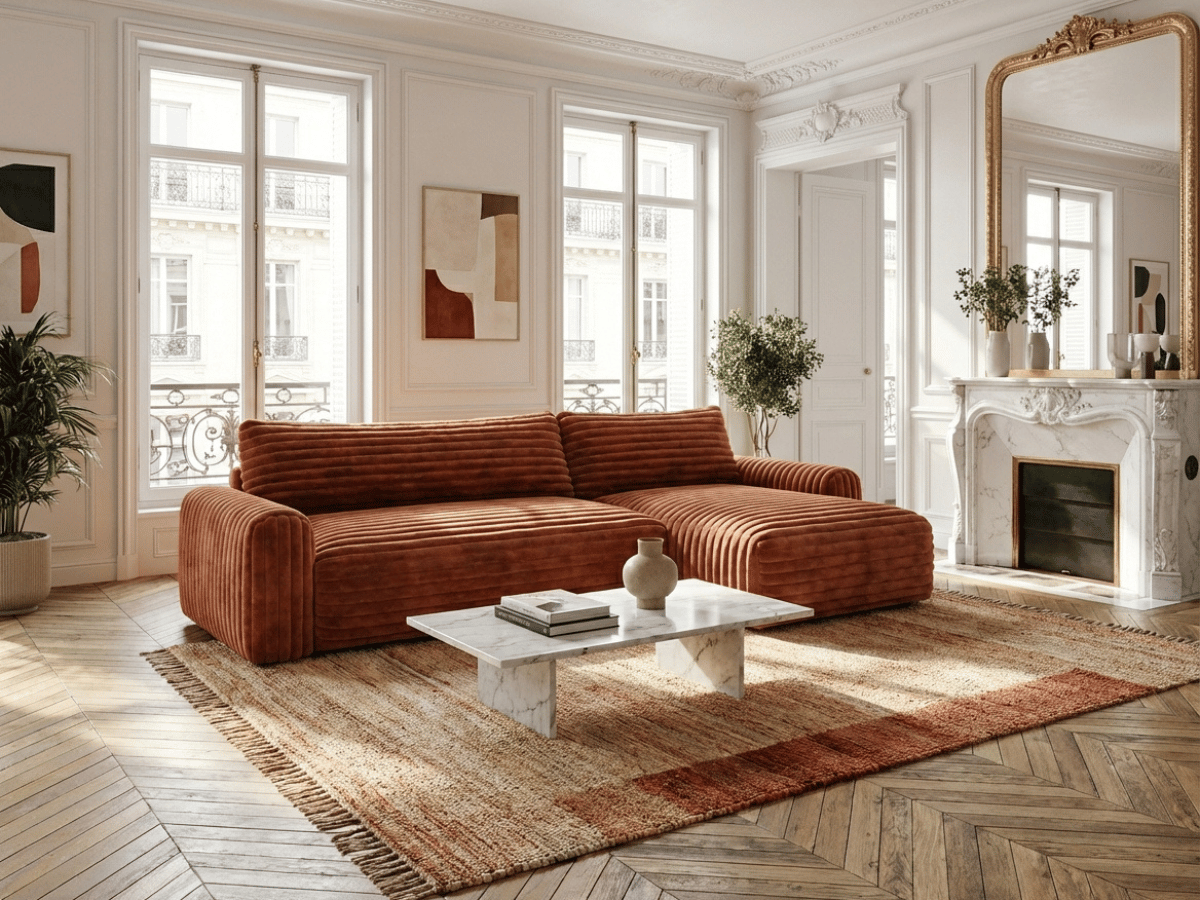 Canapé d’angle convertible Marbeuf avec coffre – Velours côtelé ou bouclette