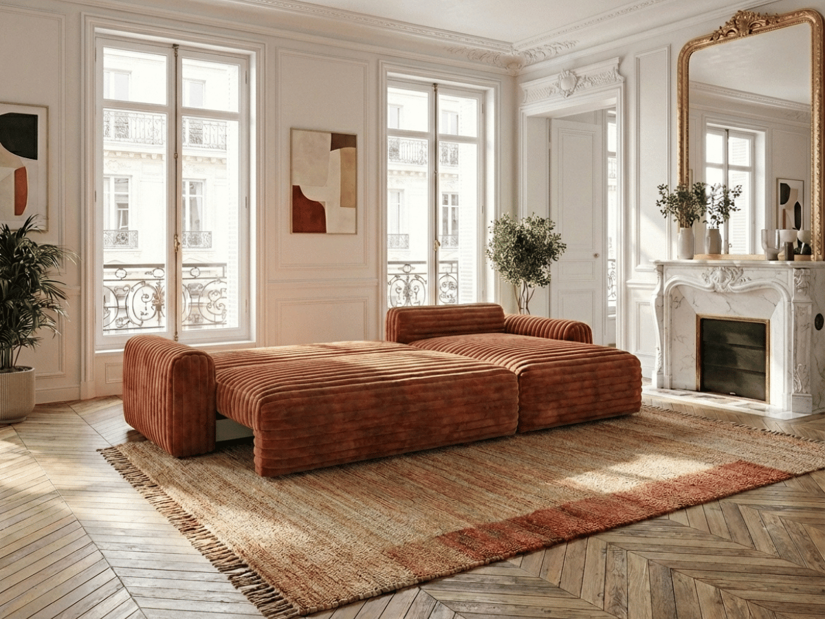 Canapé d’angle convertible Marbeuf avec coffre – Velours côtelé ou bouclette