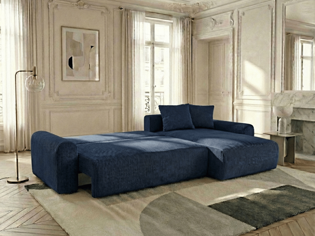 Canapé d’angle convertible Marbeuf avec coffre – Velours côtelé ou bouclette