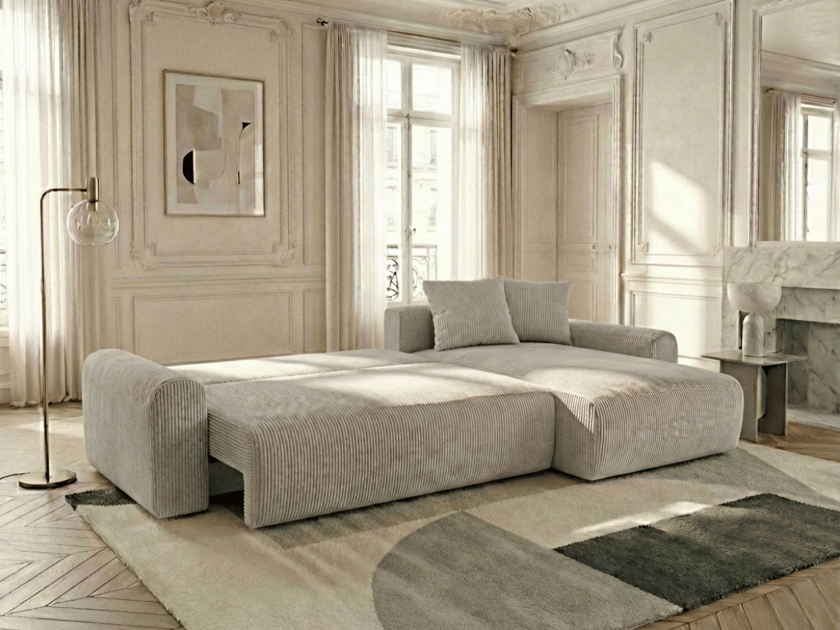 Canapé d’angle convertible Marbeuf avec coffre – Velours côtelé ou bouclette