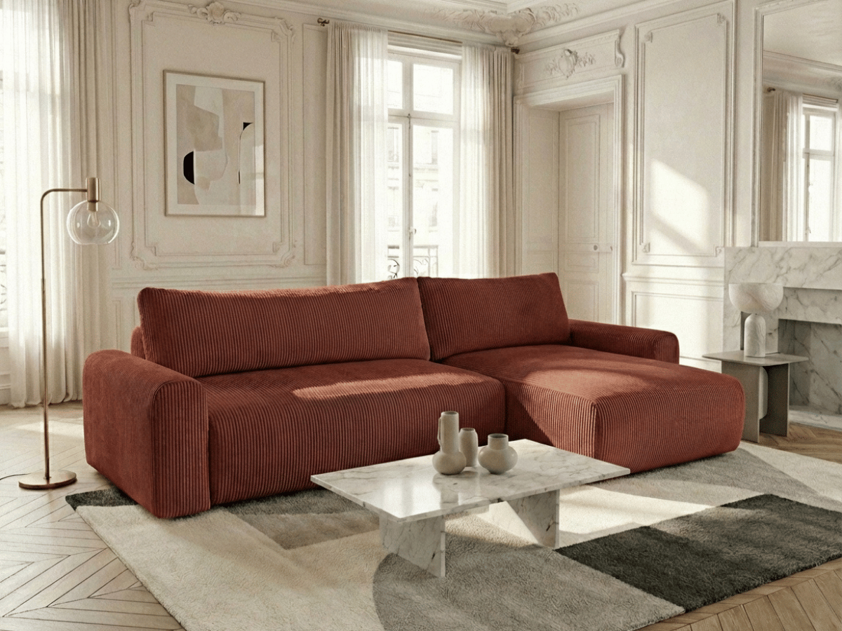 Canapé d’angle convertible Marbeuf avec coffre – Velours côtelé ou bouclette