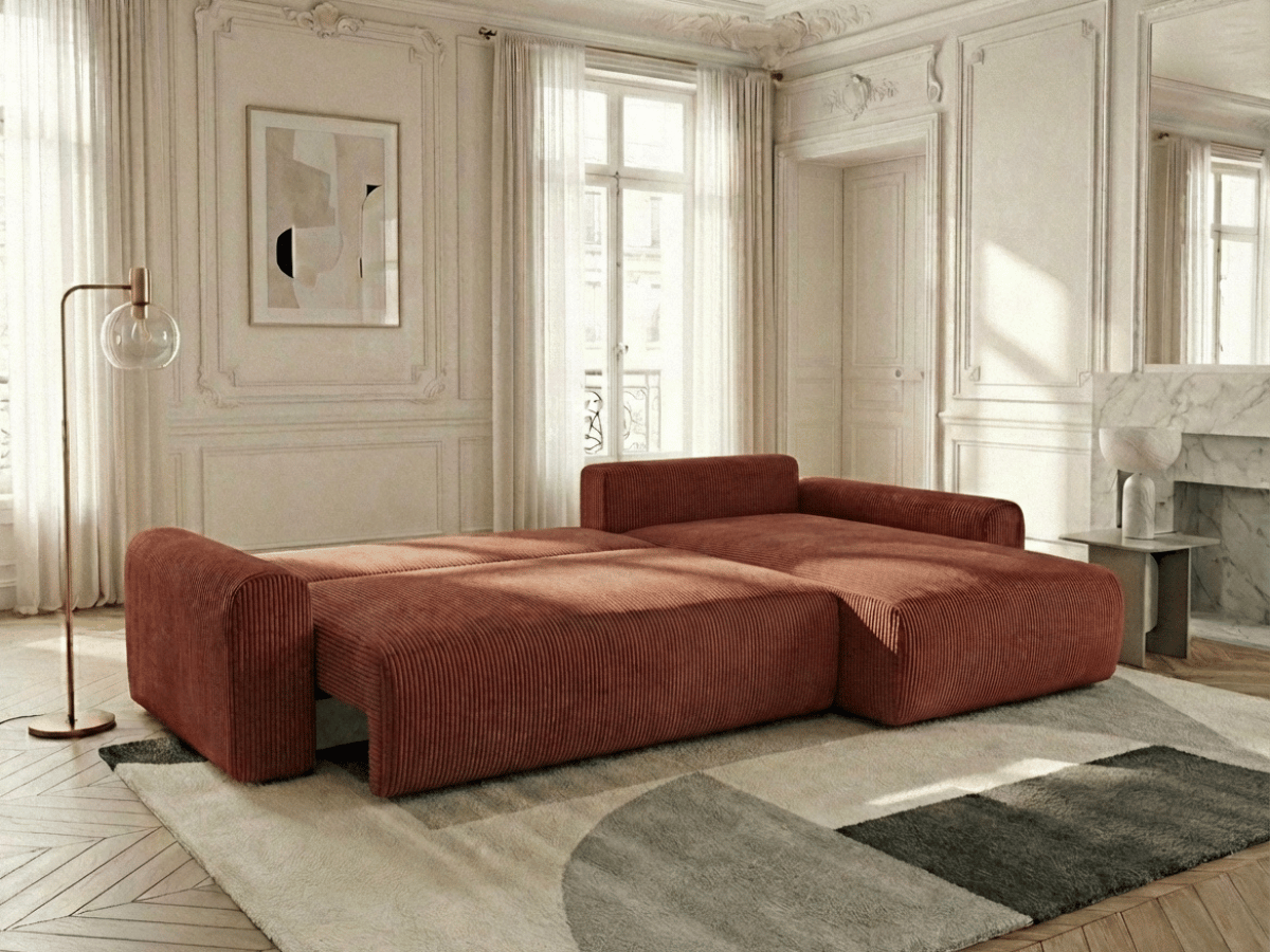 Canapé d’angle convertible Marbeuf avec coffre – Velours côtelé ou bouclette