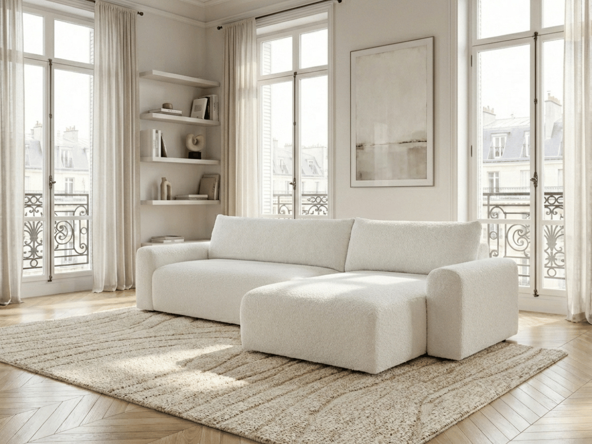 Canapé d’angle convertible Marbeuf avec coffre – Velours côtelé ou bouclette