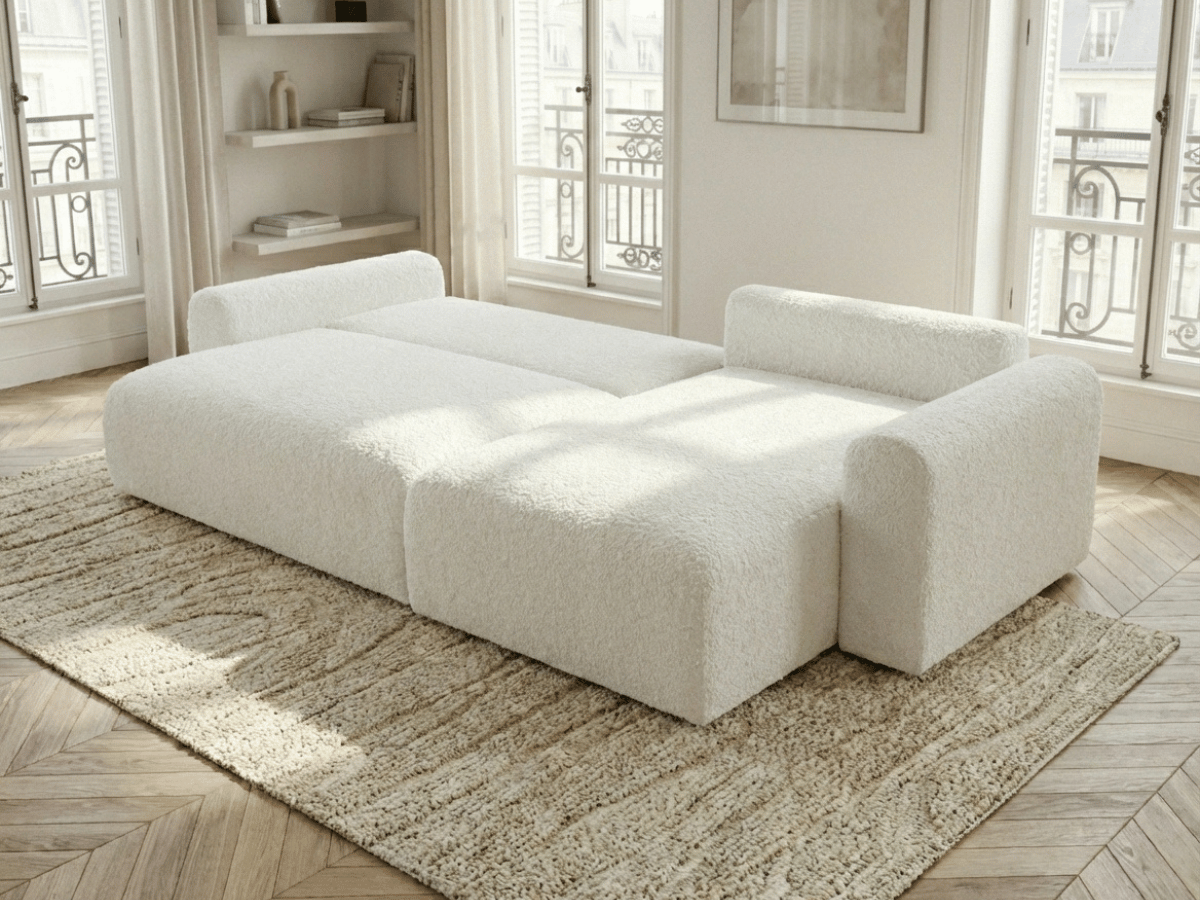 Canapé d’angle convertible Marbeuf avec coffre – Velours côtelé ou bouclette