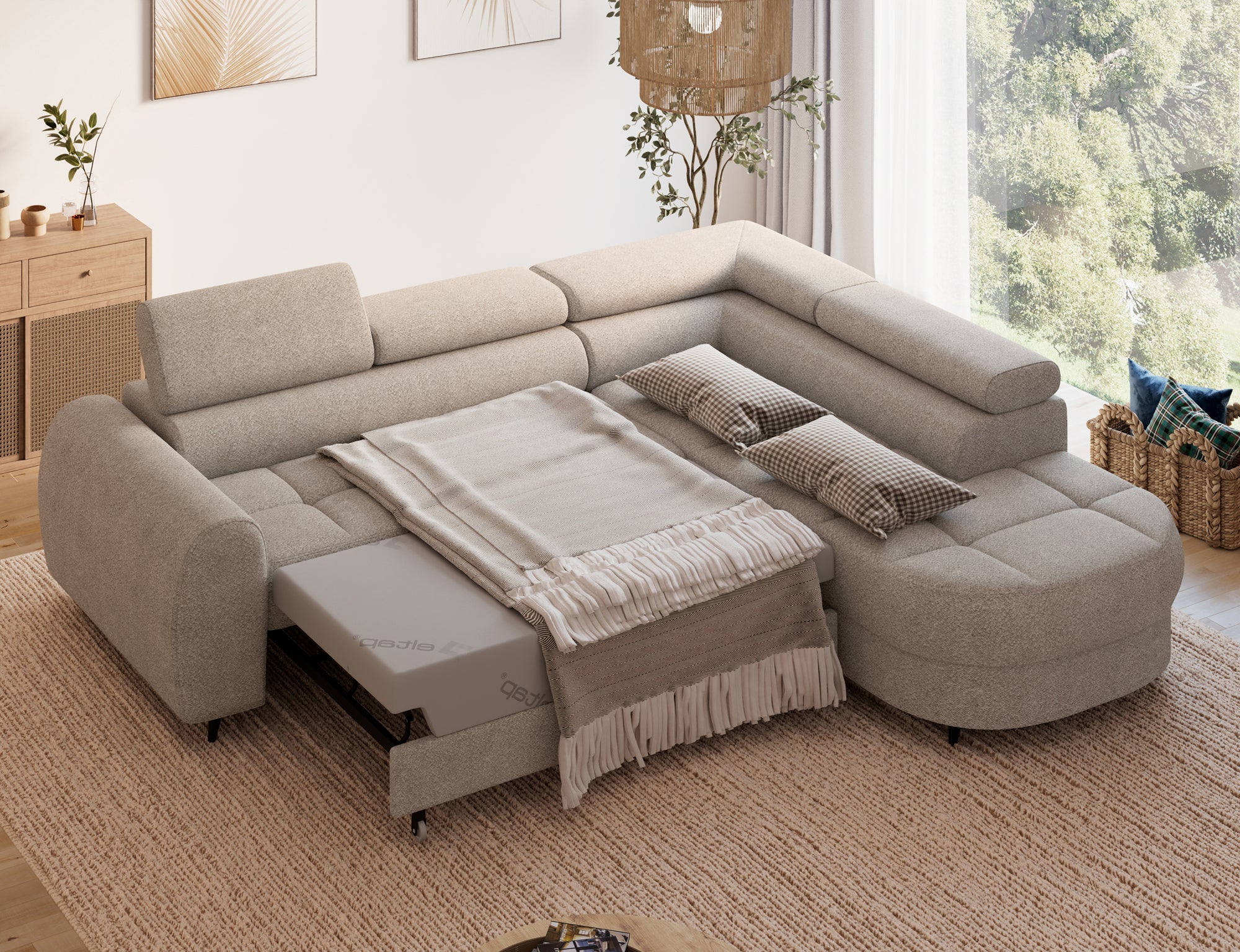 Canapé d'angle convertible design ALESIA avec coffre de rangement - Bouclette chinée beige - vue 2