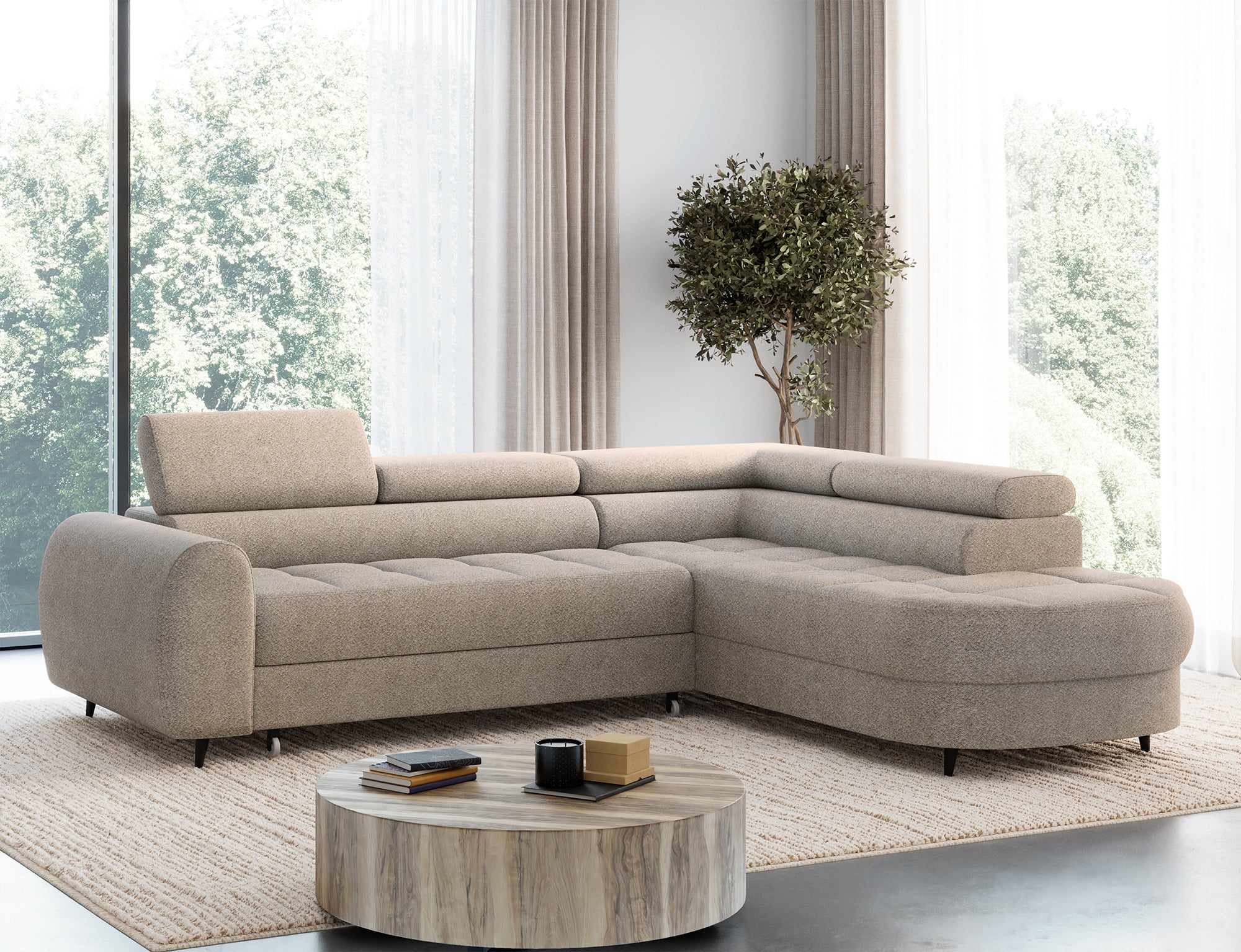 Canapé d'angle convertible design ALESIA avec coffre de rangement - Bouclette chinée beige - vue 5
