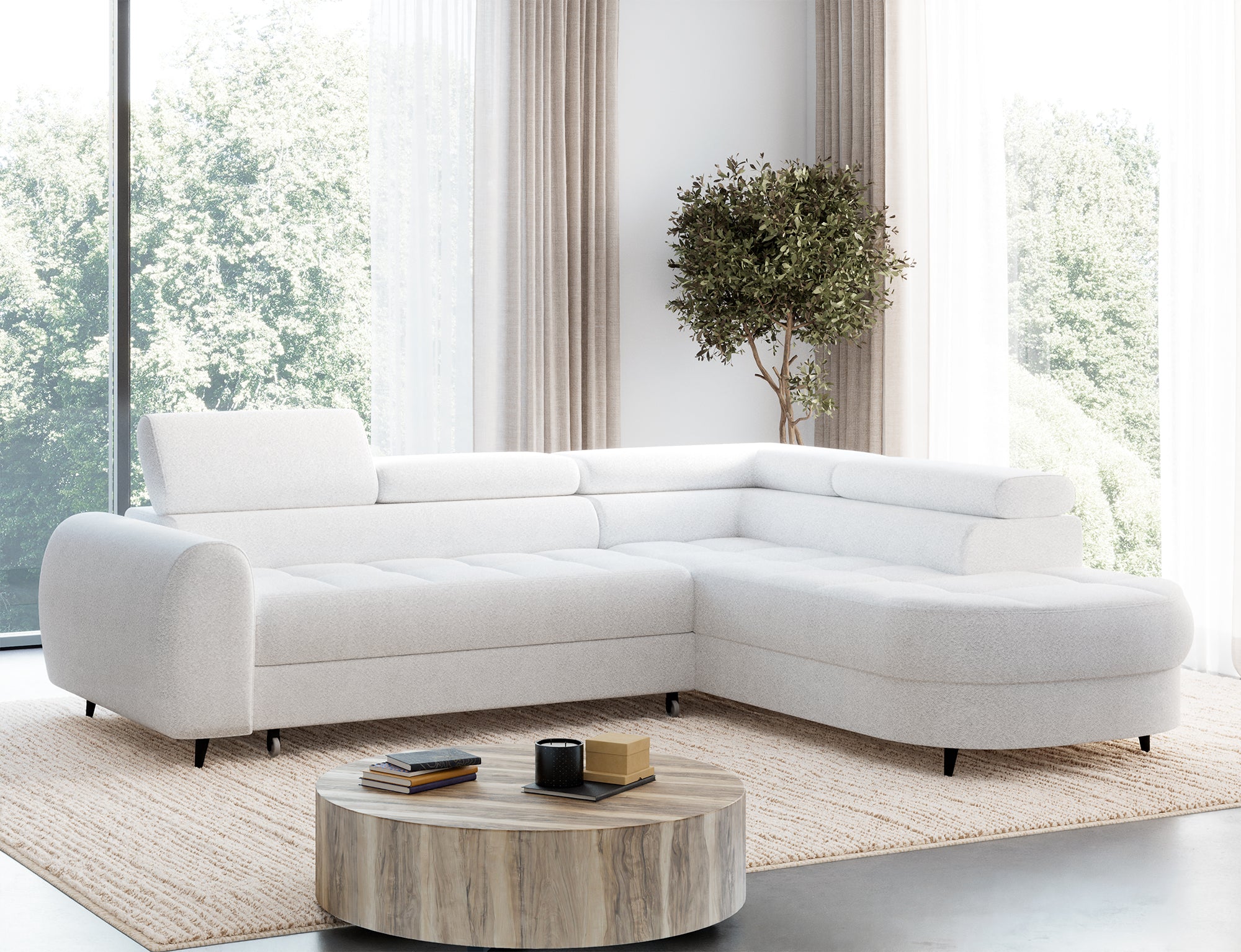 Canapé d'angle convertible design ALESIA avec coffre de rangement - Bouclette chinée crème - vue 5