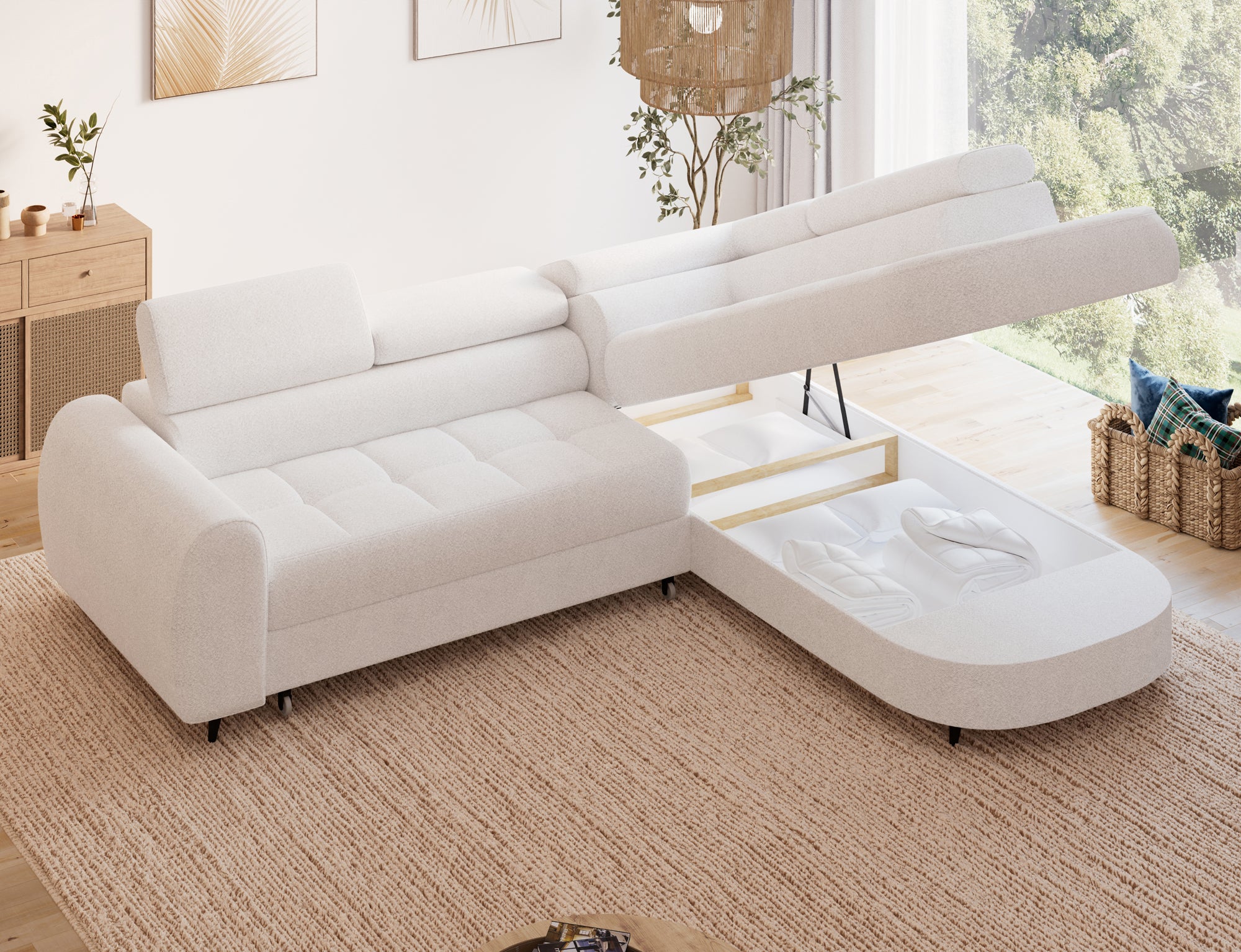 Canapé d'angle convertible design ALESIA avec coffre de rangement - Bouclette chinée crème - vue 9